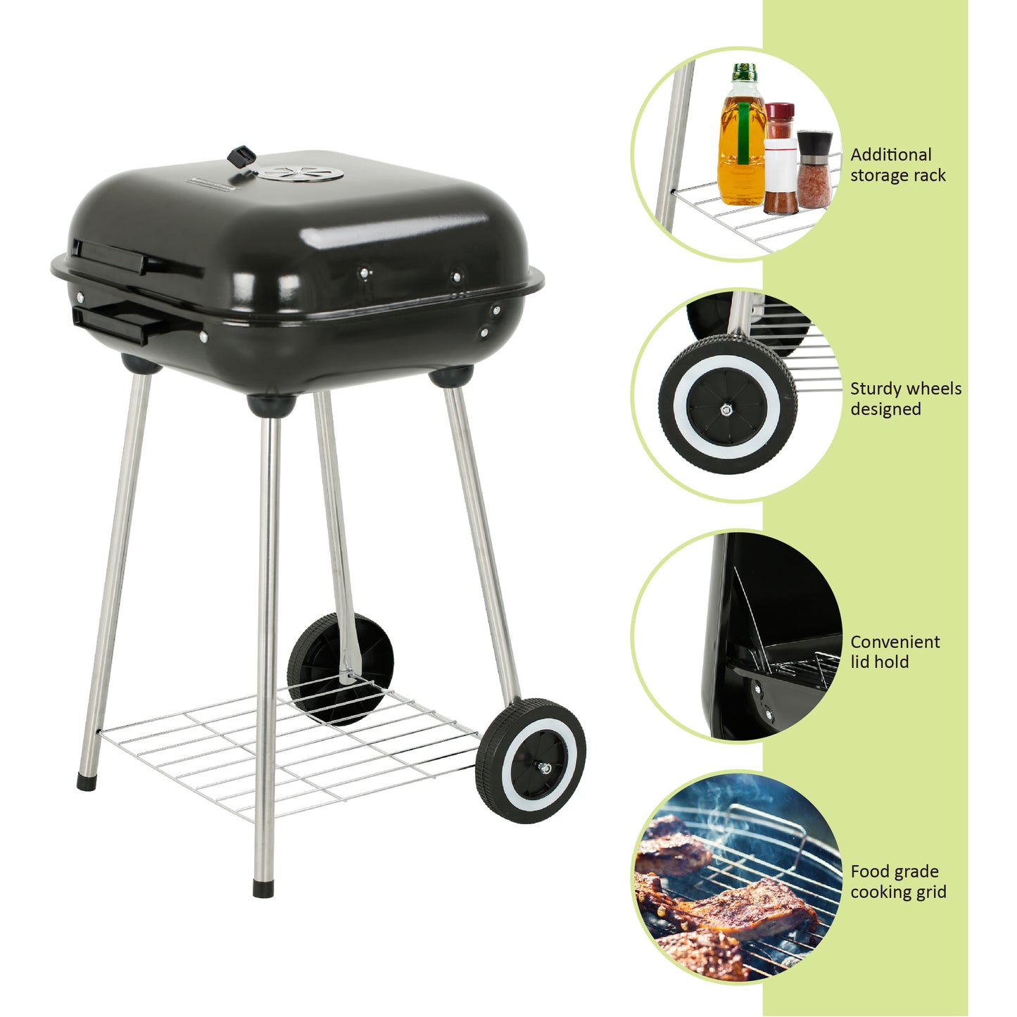 18 in. Portable Square Charcoal Grill With 2 Wheels in Black - Outdoor Barbecue Grill For Camping Tailgating and Patio