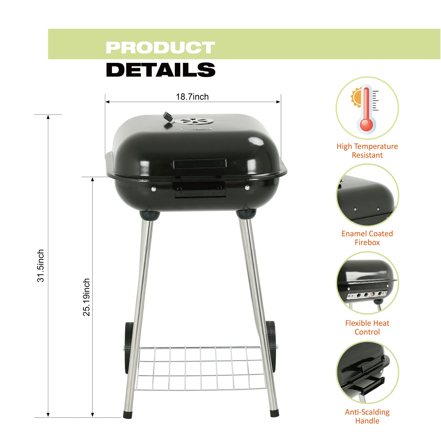 18 in. Portable Square Charcoal Grill With 2 Wheels in Black - Outdoor Barbecue Grill For Camping Tailgating and Patio