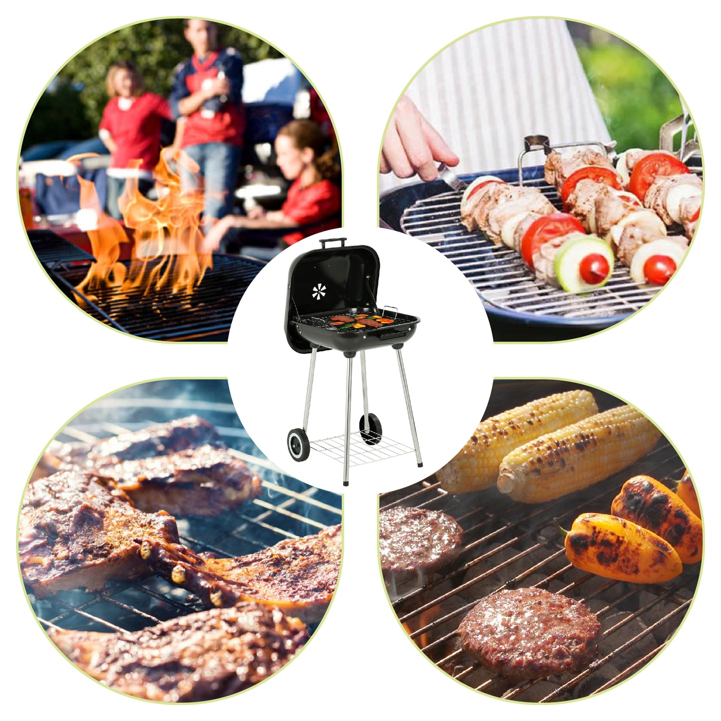 18 in. Portable Square Charcoal Grill With 2 Wheels in Black - Outdoor Barbecue Grill For Camping Tailgating and Patio