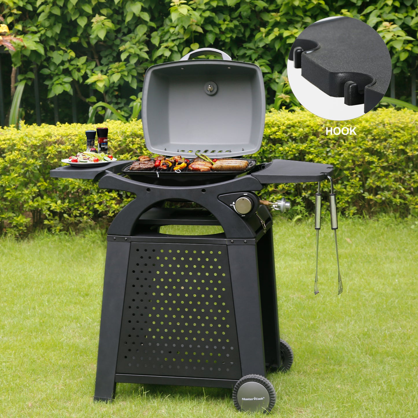 Liquid Propane Grill Portable Cart Table Gas Grill Table Top 2 in 1 BBQ Grill Outdoor Cooking Tailgating Camping RV Propane Barbecue Grill with Side Table Wheel Grill Cart