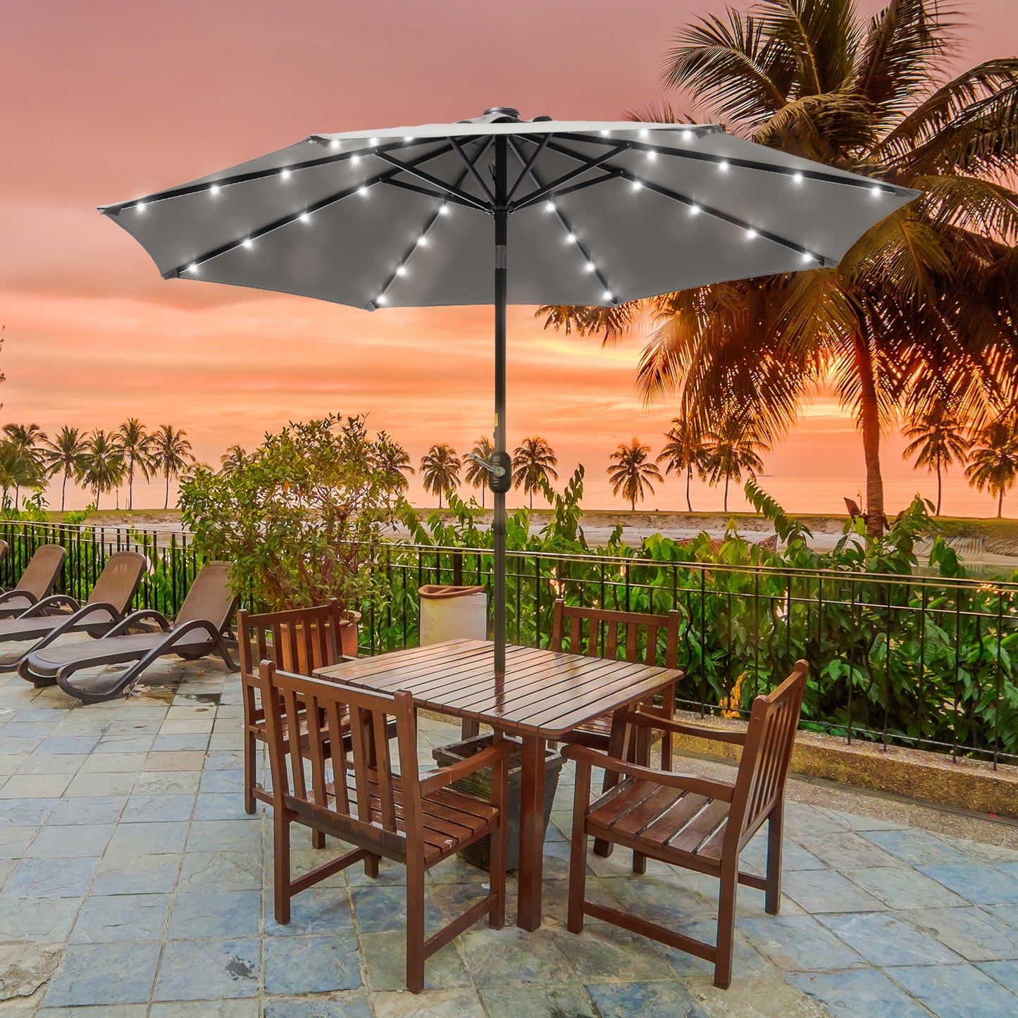 9 ft Solar-Powerd LED Lights Patio Umbrella