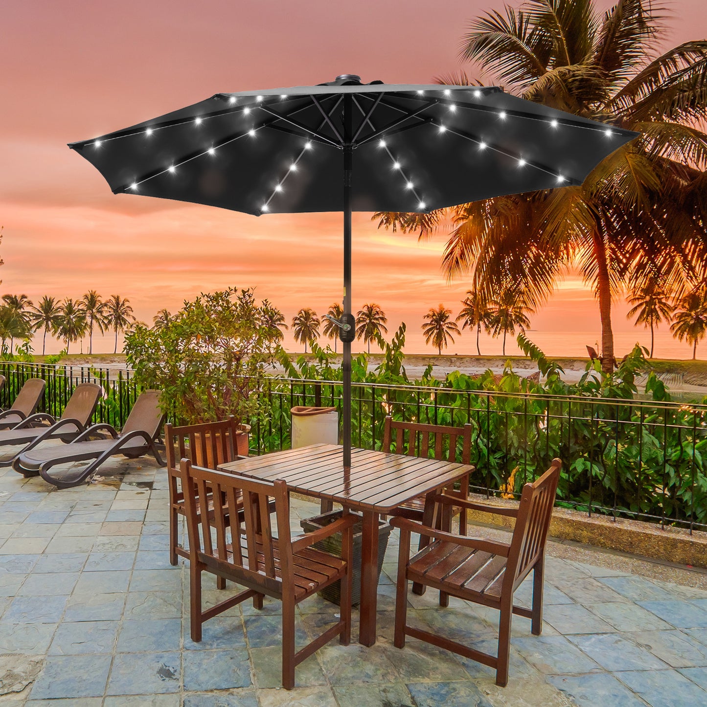 9 ft Solar-Powerd LED Lights Patio Umbrella