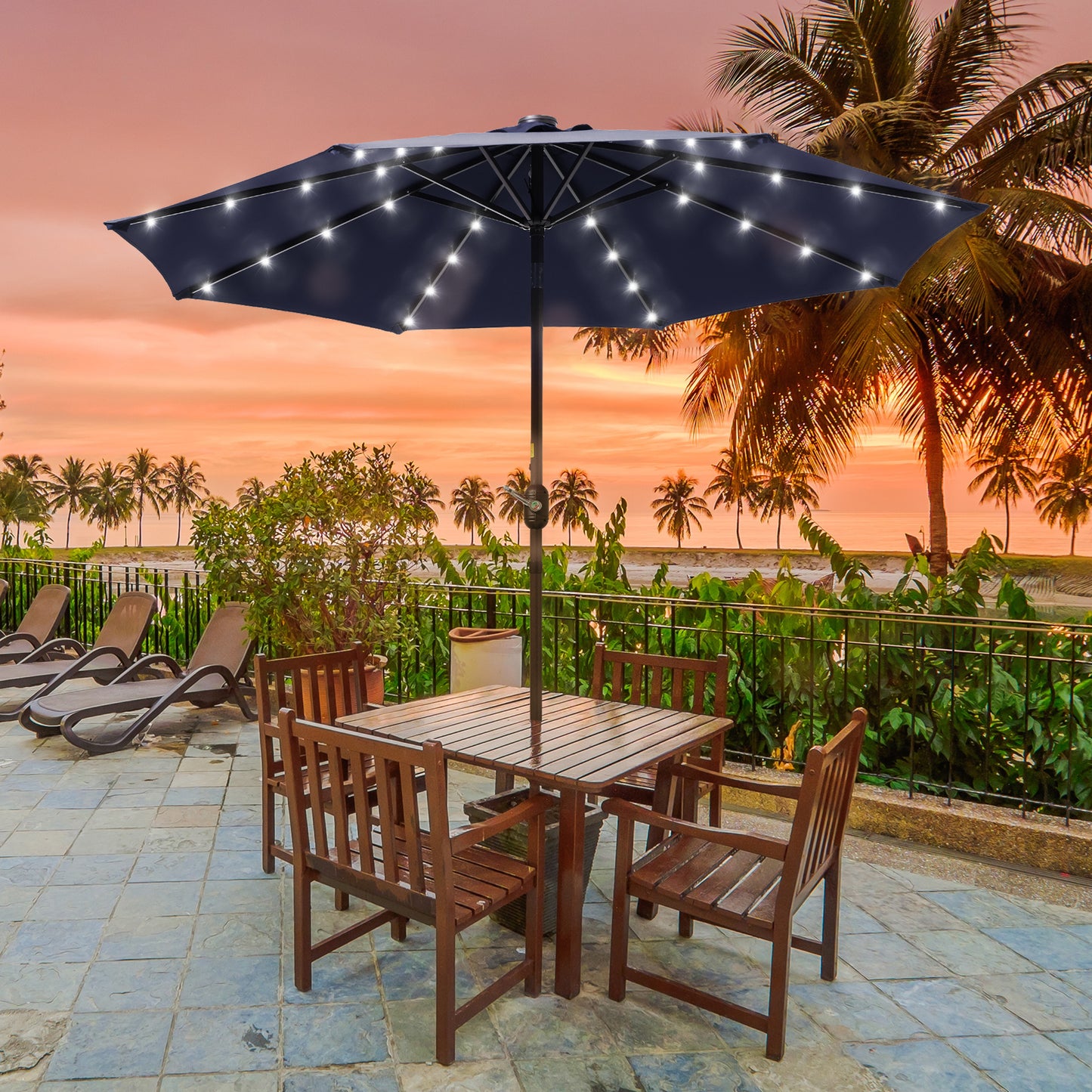 9 ft Solar-Powerd LED Lights Patio Umbrella