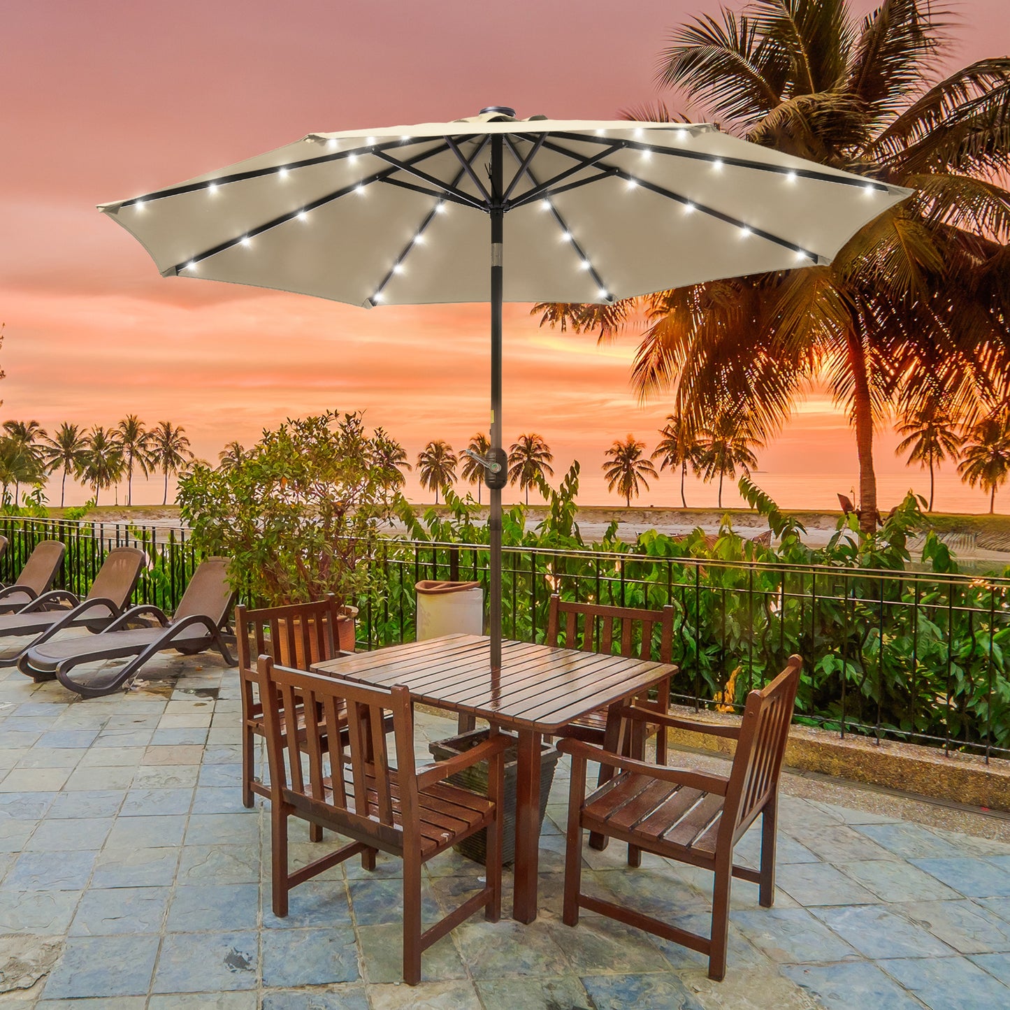 9 ft Solar-Powerd LED Lights Patio Umbrella