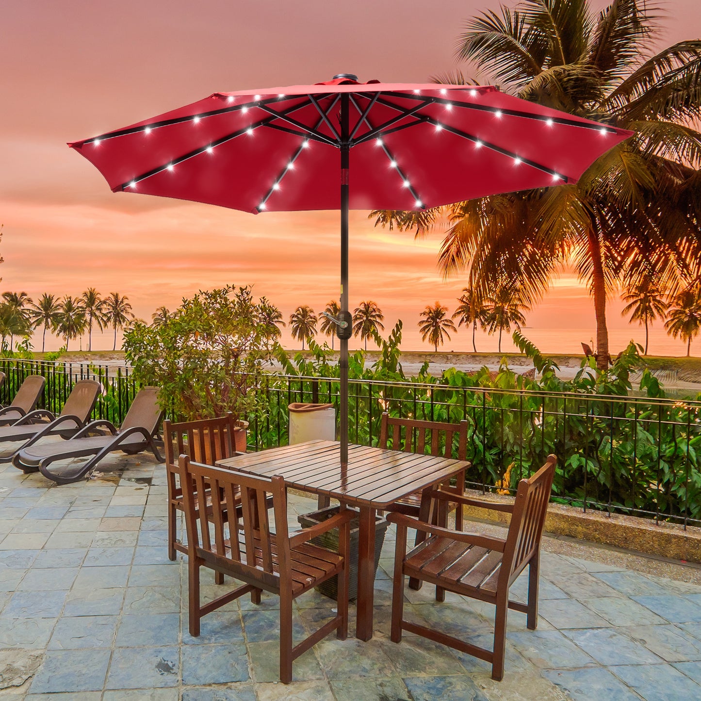 9 ft Solar-Powerd LED Lights Patio Umbrella