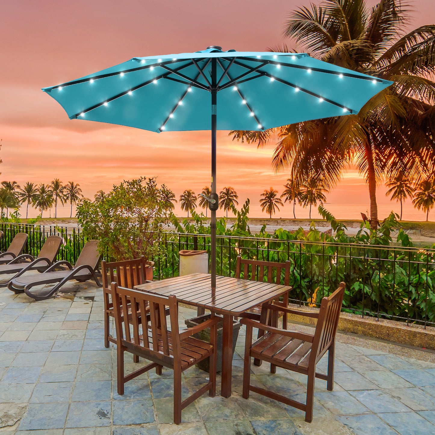 9 ft Solar-Powerd LED Lights Patio Umbrella