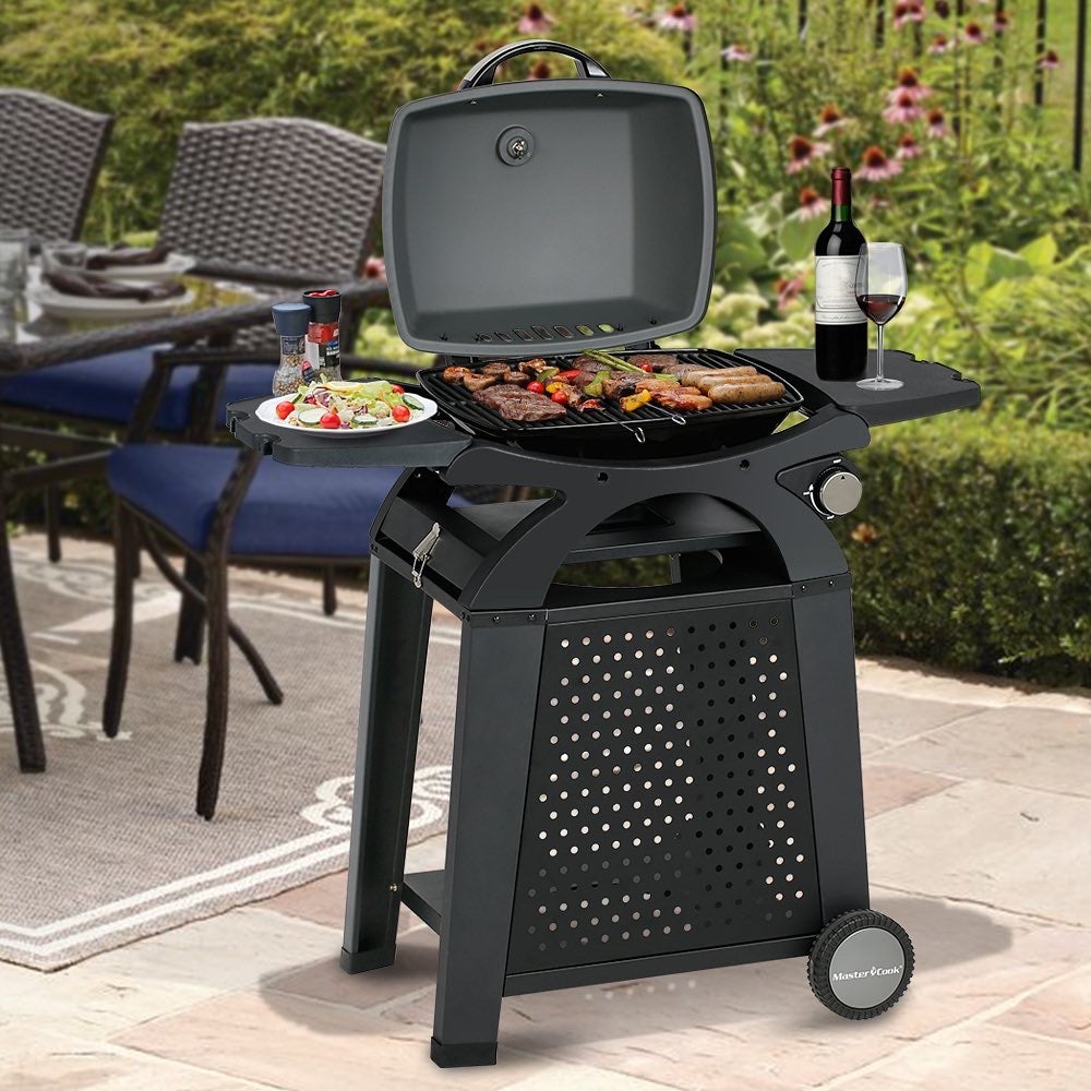 Liquid Propane Grill Portable Cart Table Gas Grill Table Top 2 in 1 BBQ Grill Outdoor Cooking Tailgating Camping RV Propane Barbecue Grill with Side Table Wheel Grill Cart