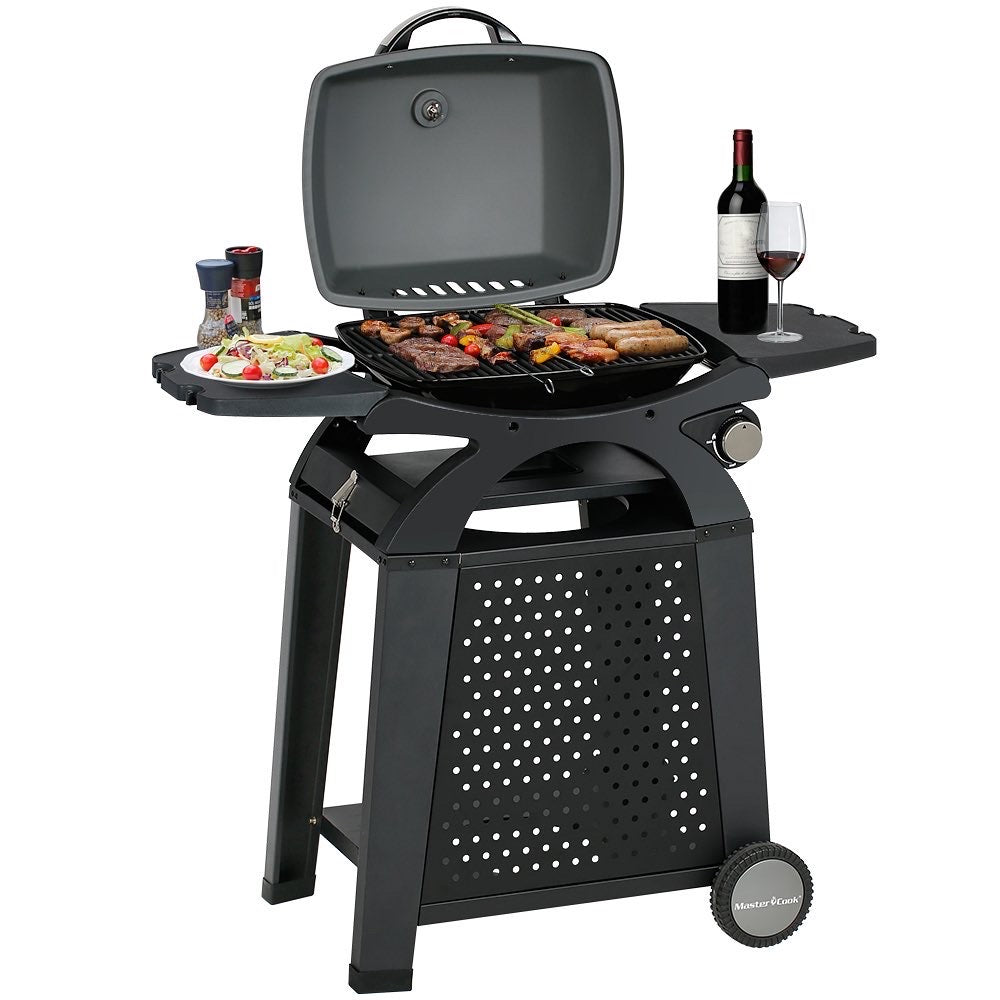 Liquid Propane Grill Portable Cart Table Gas Grill Table Top 2 in 1 BBQ Grill Outdoor Cooking Tailgating Camping RV Propane Barbecue Grill with Side Table Wheel Grill Cart