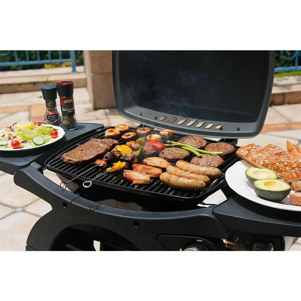 Liquid Propane Grill Portable Cart Table Gas Grill Table Top 2 in 1 BBQ Grill Outdoor Cooking Tailgating Camping RV Propane Barbecue Grill with Side Table Wheel Grill Cart