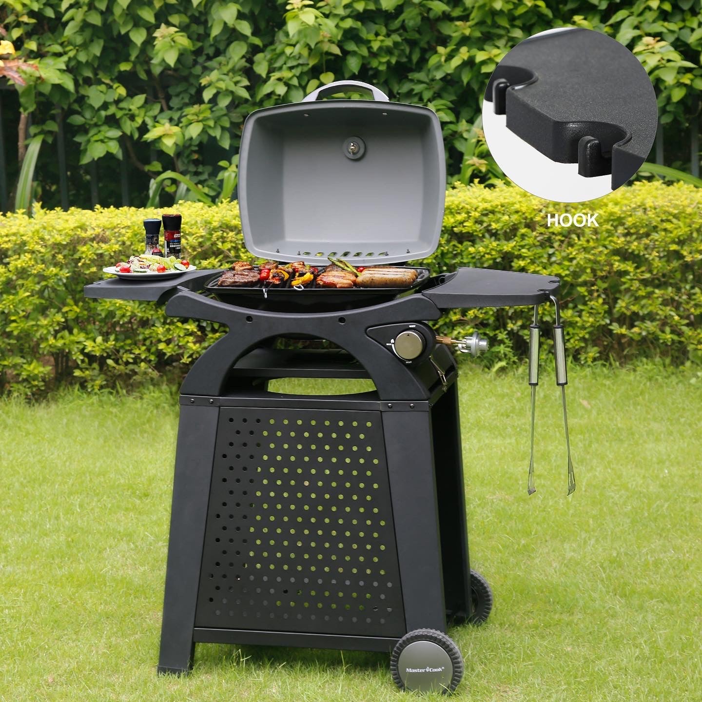 Liquid Propane Grill Portable Cart Table Gas Grill Table Top 2 in 1 BBQ Grill Outdoor Cooking Tailgating Camping RV Propane Barbecue Grill with Side Table Wheel Grill Cart