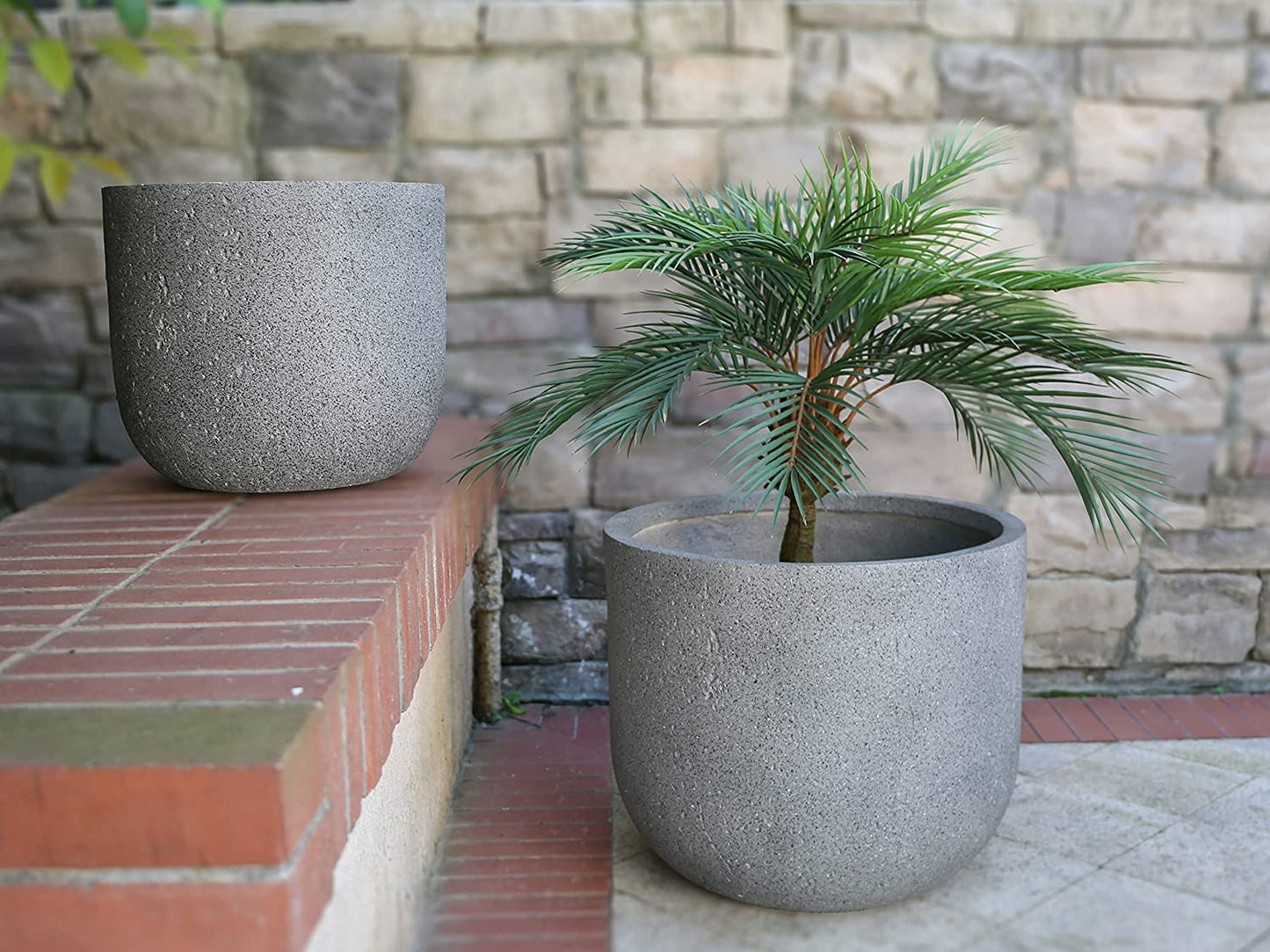 Grey Travertine Round Concrete Planter Pots | Unique Design | Handicraft | UV-Resistant and Eco-Friendly | Drainage Hole with Plug