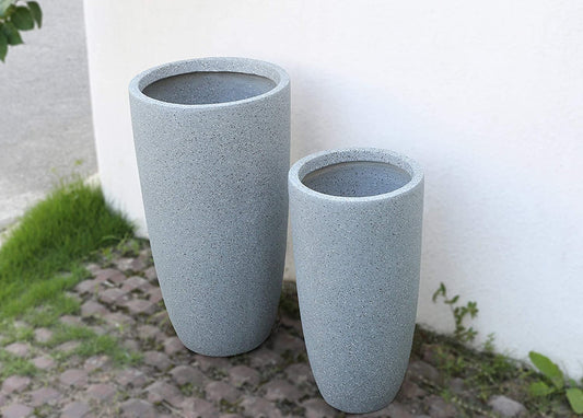 Grey Mottle Lightweight Tall Oval Concrete Planter Pots | Unique Design | Handicraft | UV-Resistant and Eco-Friendly | Drainage Hole with Plug