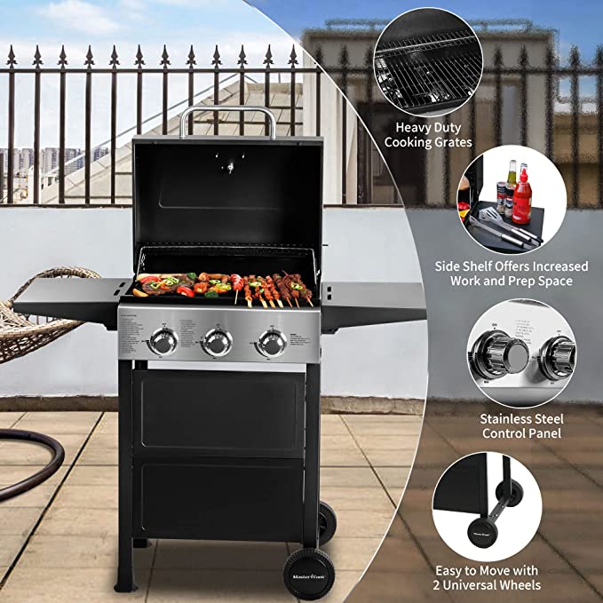 3 Burner Black and Stainless Steel BBQ