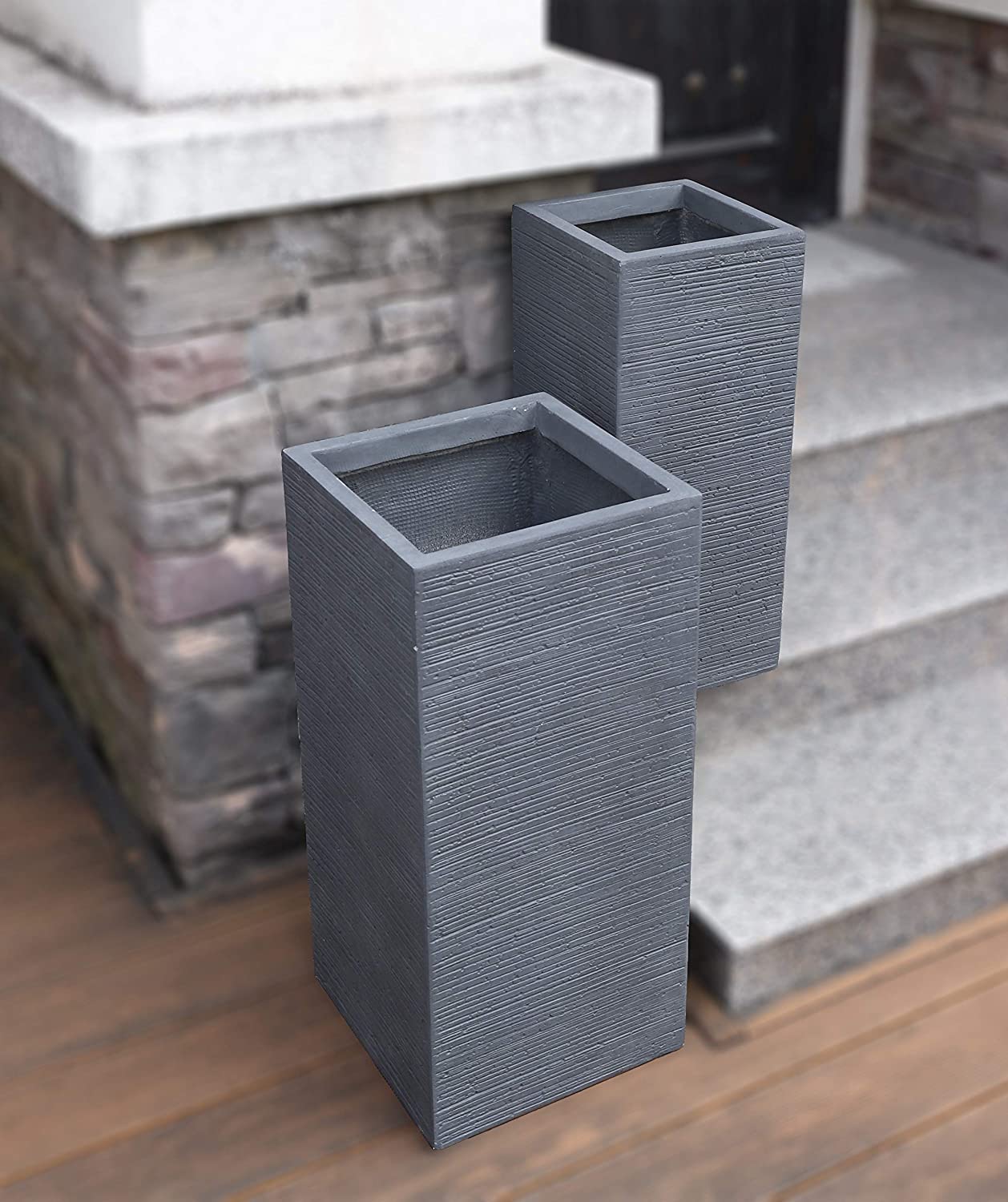 Grey Skyline Lightweight Tall Square Concrete Planter Pots | Unique Design | Handicraft | UV-Resistant and Eco-Friendly | Drainage Hole with Plug
