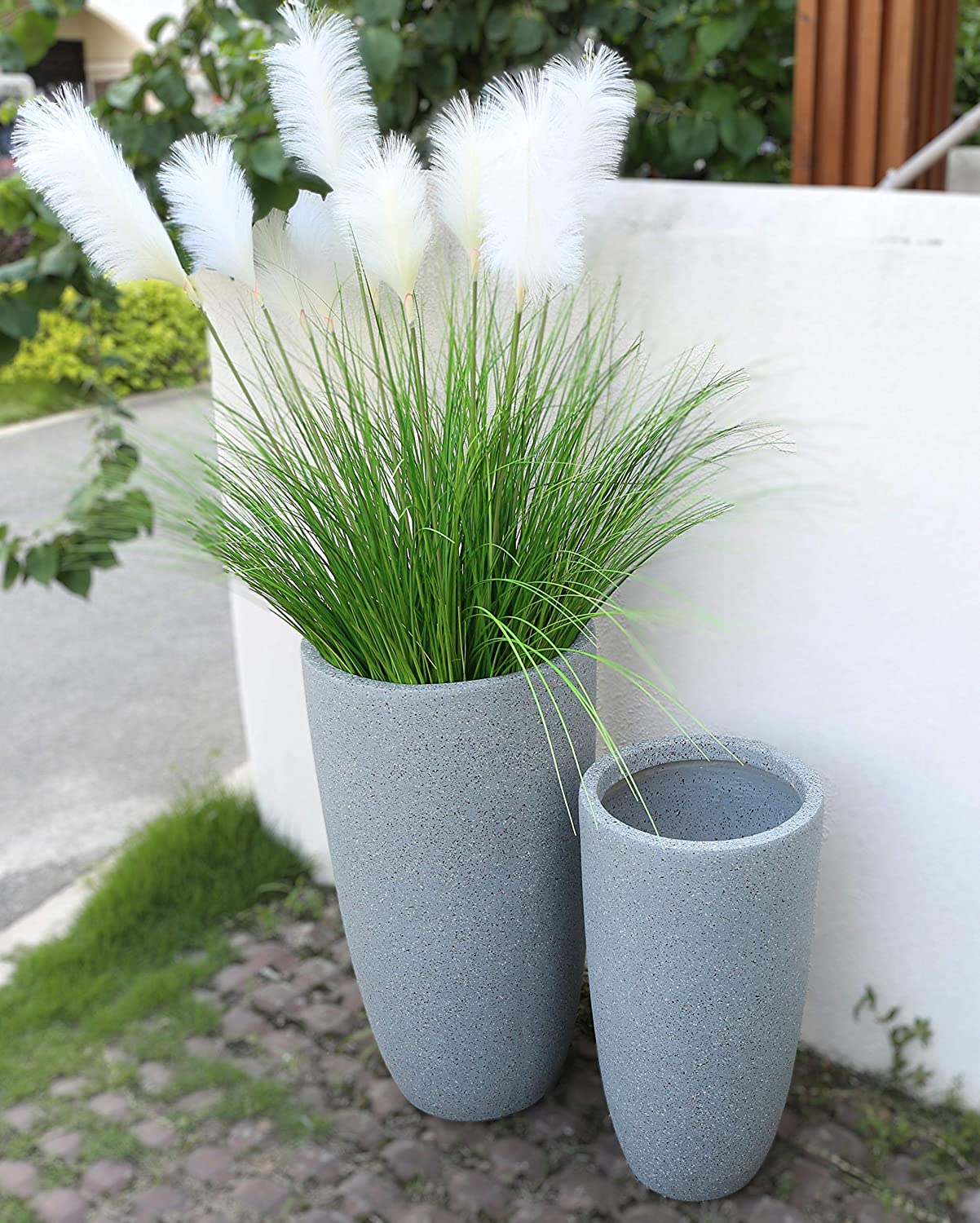 Grey Mottle Lightweight Tall Oval Concrete Planter Pots | Unique Design | Handicraft | UV-Resistant and Eco-Friendly | Drainage Hole with Plug