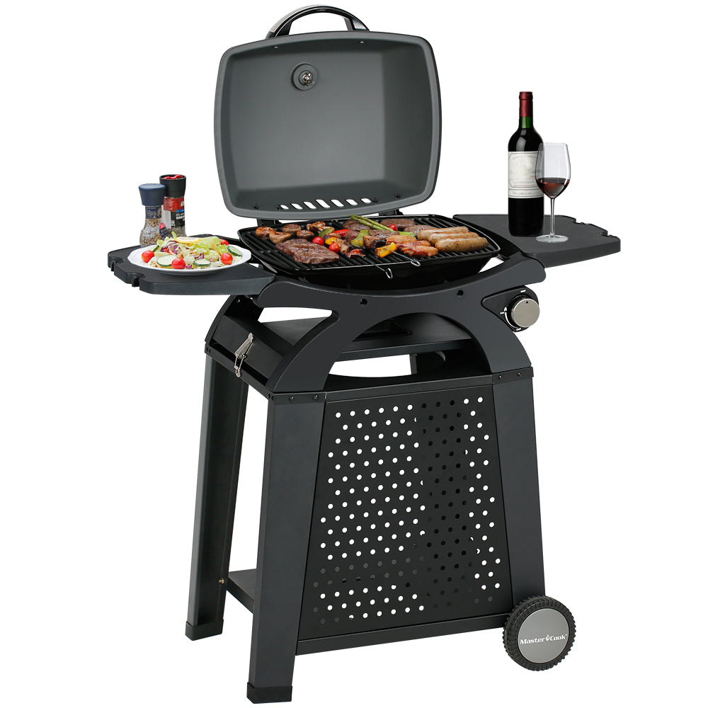 Liquid Propane Grill Portable Cart Table Gas Grill Table Top 2 in 1 BBQ Grill Outdoor Cooking Tailgating Camping RV Propane Barbecue Grill with Side Table Wheel Grill Cart