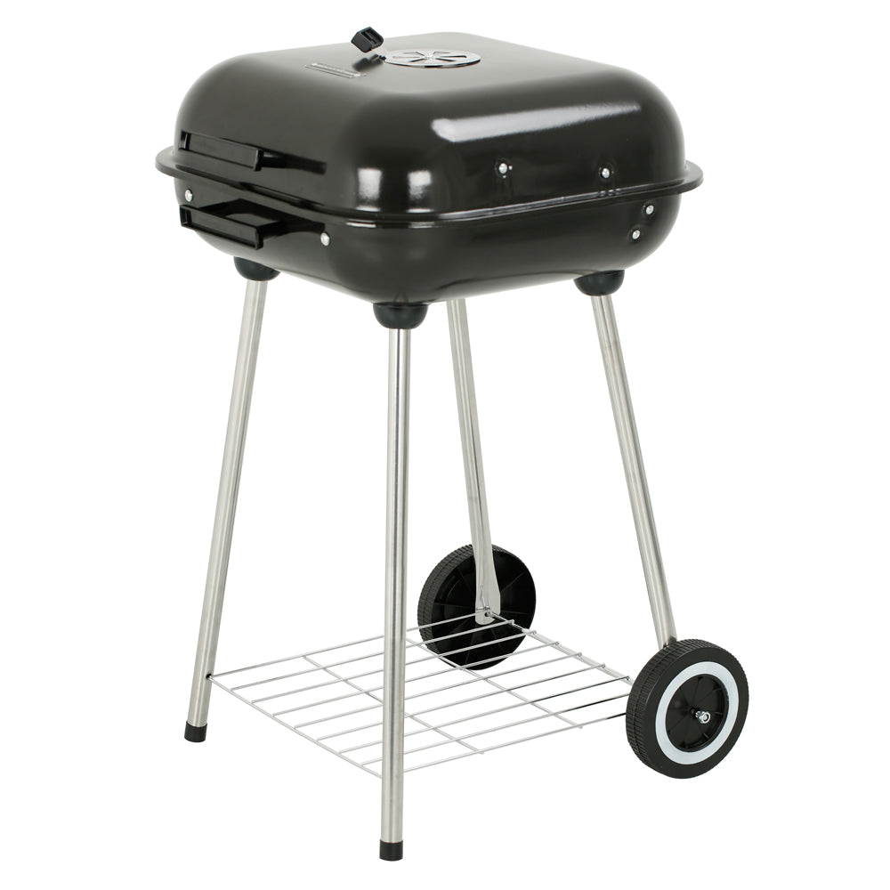 18 in. Portable Square Charcoal Grill With 2 Wheels in Black - Outdoor Barbecue Grill For Camping Tailgating and Patio