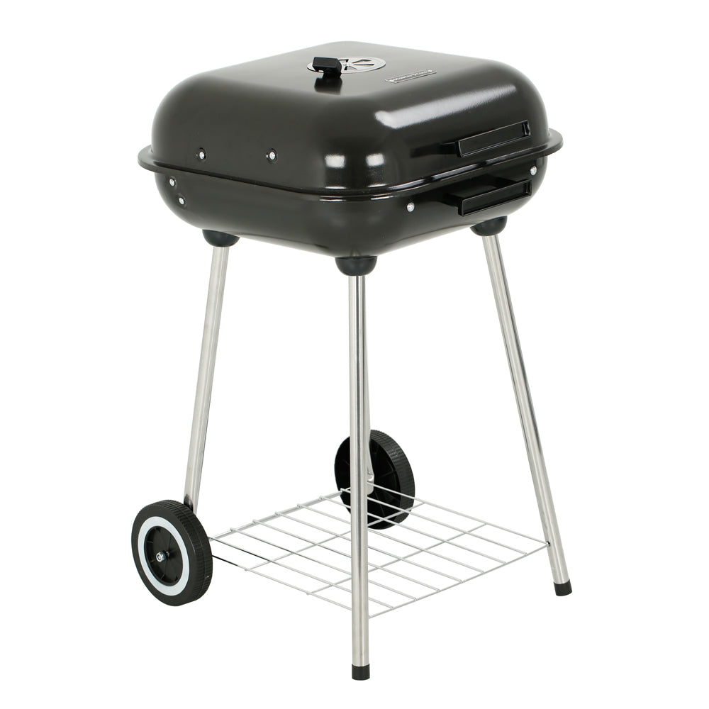 18 in. Portable Square Charcoal Grill With 2 Wheels in Black - Outdoor Barbecue Grill For Camping Tailgating and Patio