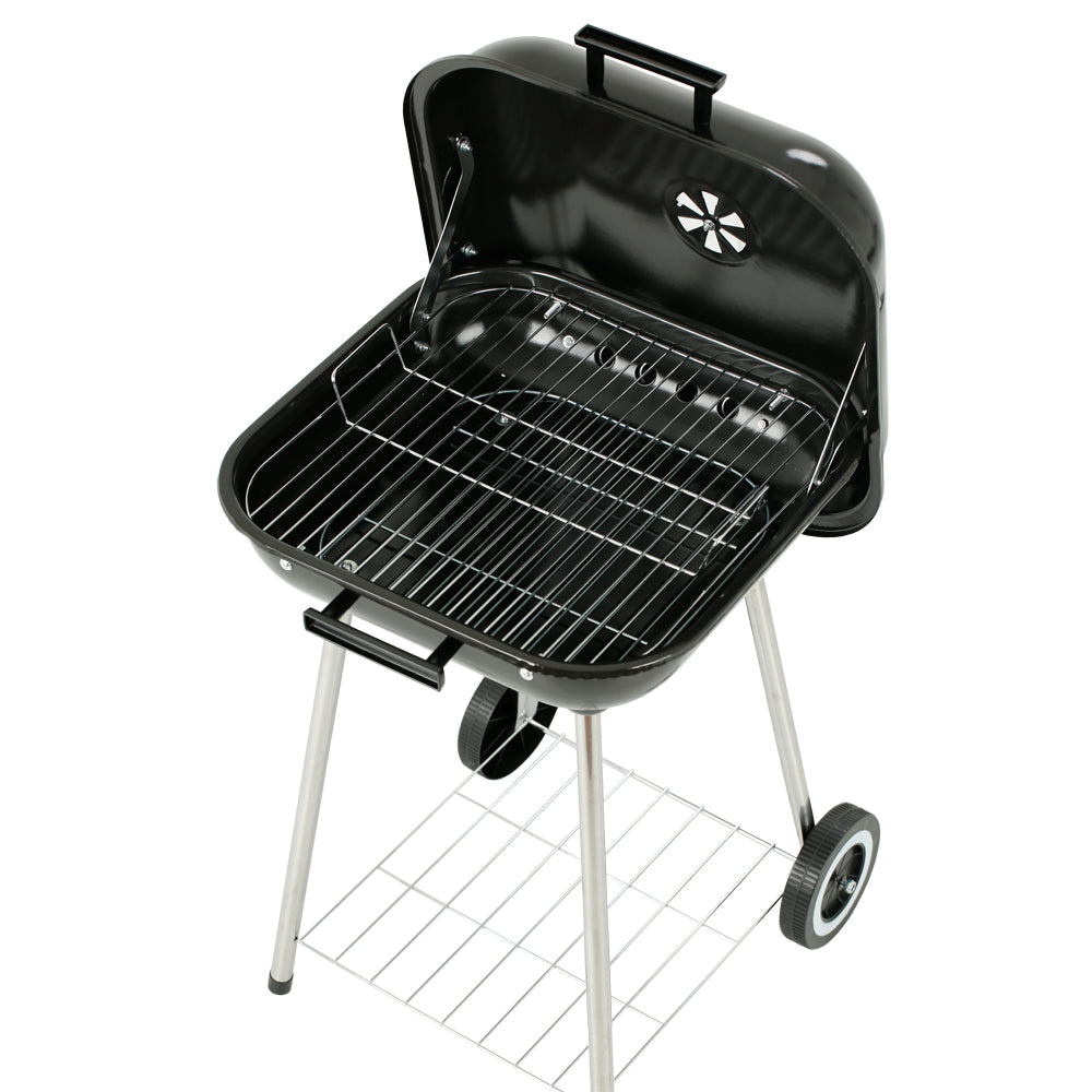 18 in. Portable Square Charcoal Grill With 2 Wheels in Black - Outdoor Barbecue Grill For Camping Tailgating and Patio