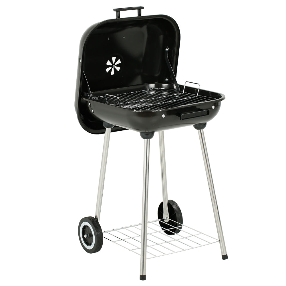 18 in. Portable Square Charcoal Grill With 2 Wheels in Black - Outdoor Barbecue Grill For Camping Tailgating and Patio