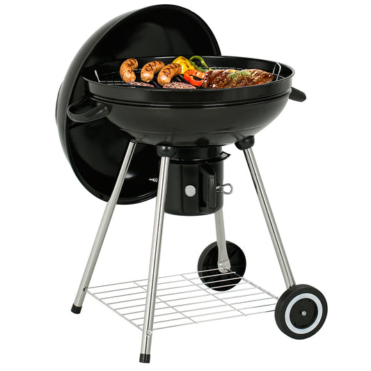 22 in. Charcoal Grill Round With Wheels - Outdoor Barbecue Grill For Camping Tailgating and Patio- Kettle Grill