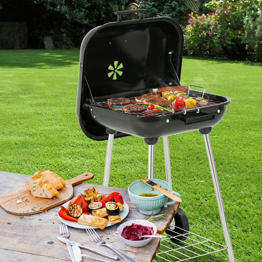 18 in. Portable Square Charcoal Grill With 2 Wheels in Black - Outdoor Barbecue Grill For Camping Tailgating and Patio