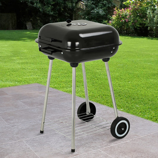 18 in. Portable Square Charcoal Grill With 2 Wheels in Black - Outdoor Barbecue Grill For Camping Tailgating and Patio