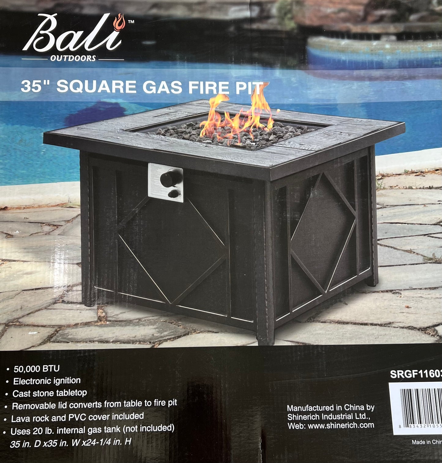 35″ SQUARE CAST STONE TABLETOP GAS FIRE PIT