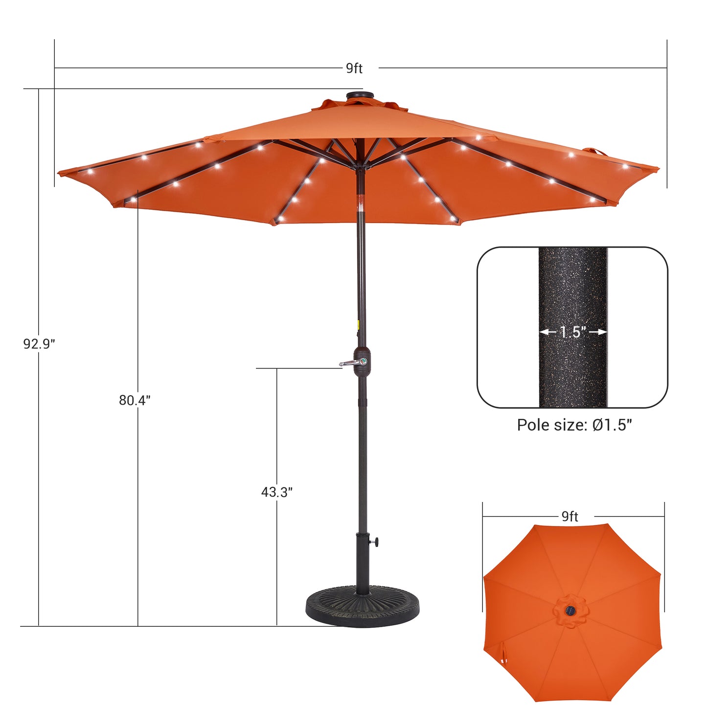 9 ft Solar-Powerd LED Lights Patio Umbrella