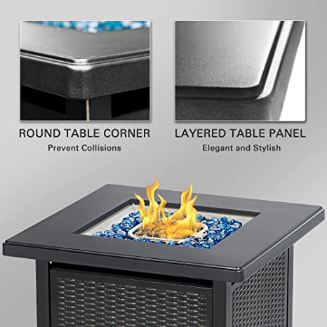 28 Inch Propane Fire Pit Table, Rattan & Wicker-Look 50,000 BTU Gas Firepits with Blue Fire Glass for Outside Patio and Garden