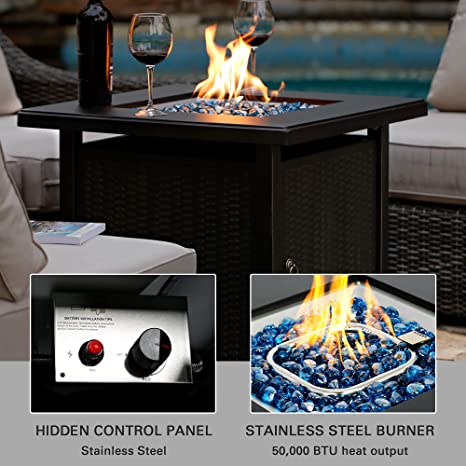 28 Inch Propane Fire Pit Table, Rattan & Wicker-Look 50,000 BTU Gas Firepits with Blue Fire Glass for Outside Patio and Garden