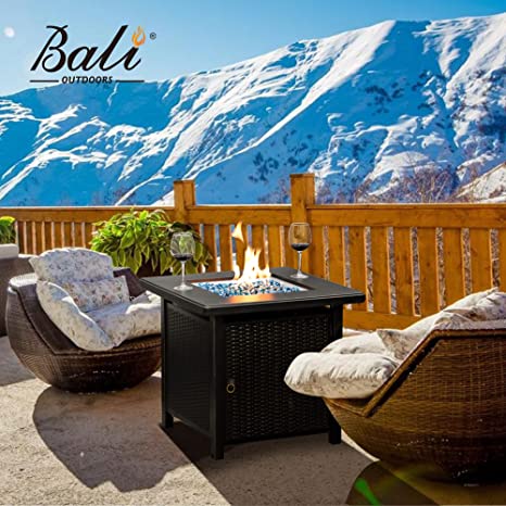 28 Inch Propane Fire Pit Table, Rattan & Wicker-Look 50,000 BTU Gas Firepits with Blue Fire Glass for Outside Patio and Garden