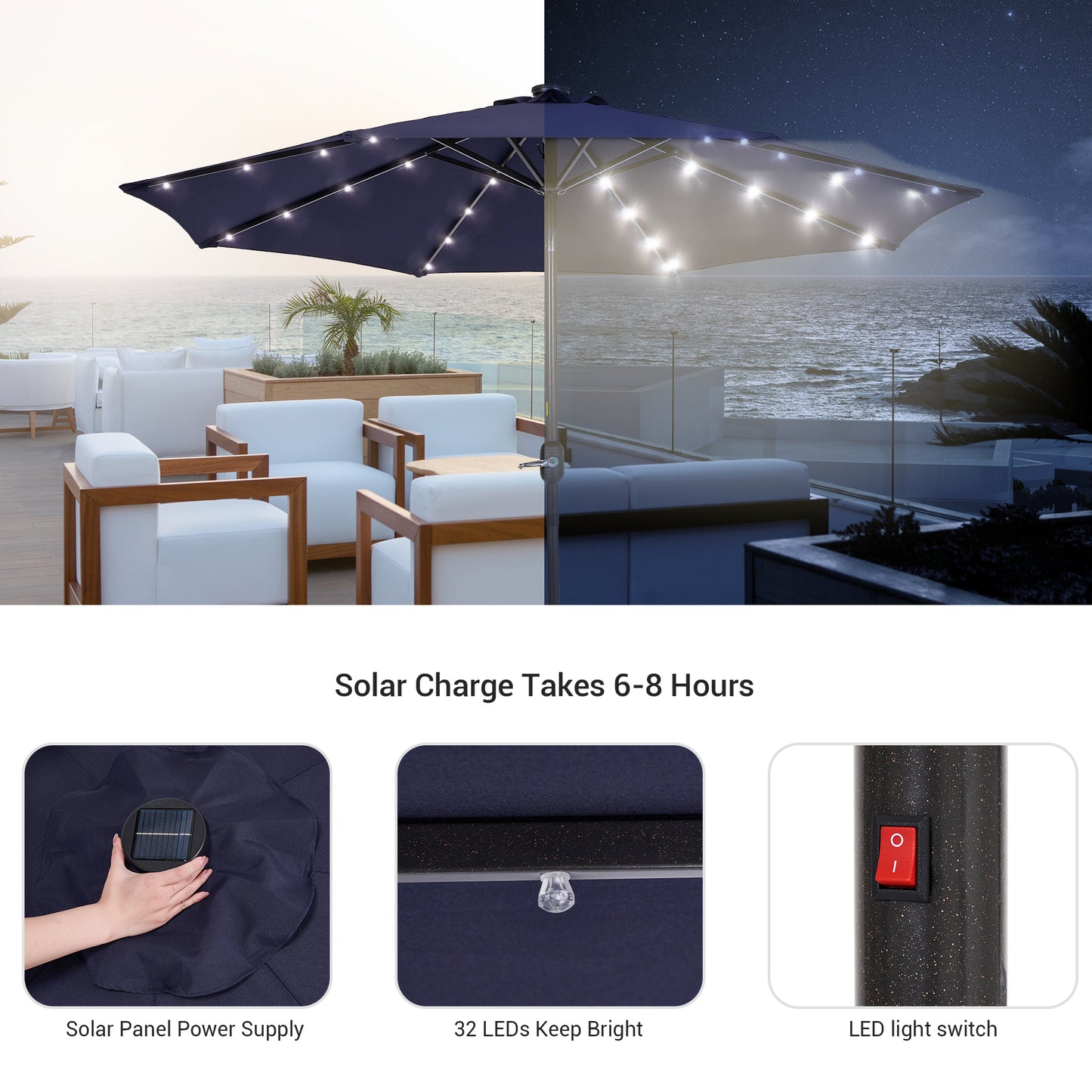 9 ft Solar-Powerd LED Lights Patio Umbrella