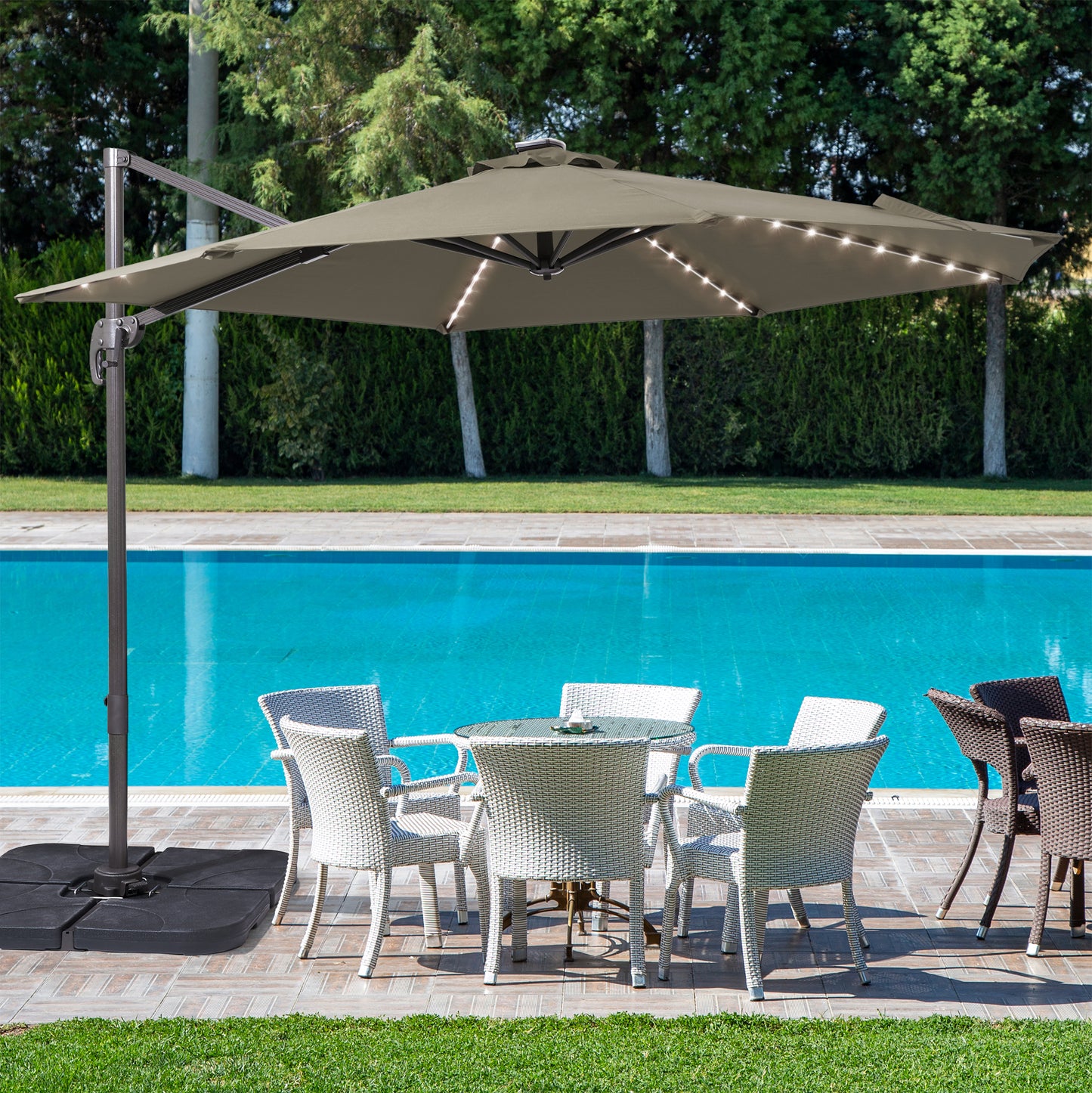 10 FT Solar-Powered LED Lights Patio Cantilever Umbrella