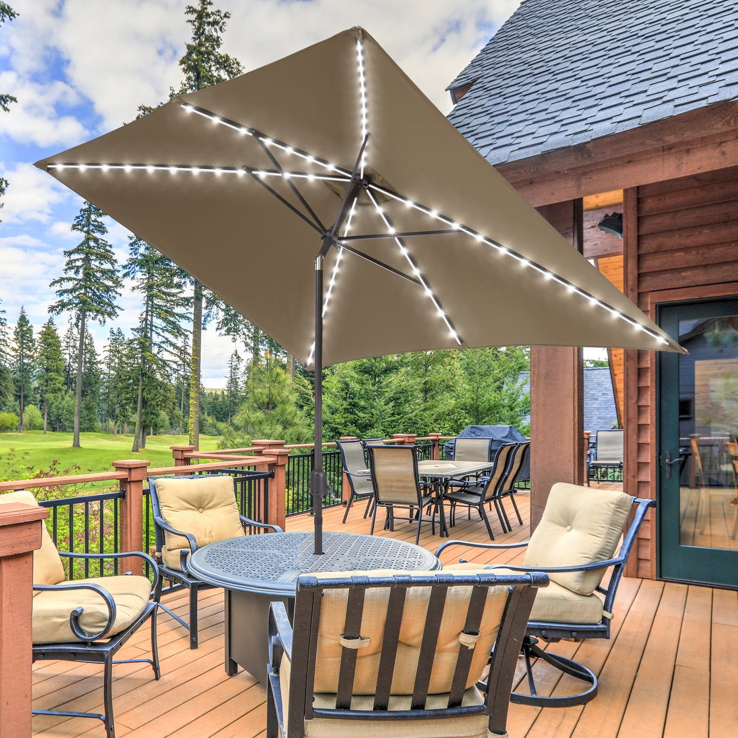 10 x 7 ft Solar-Powered LED Patio Umbrella 10 x 7 ft Solar-Powered LED Patio Umbrella