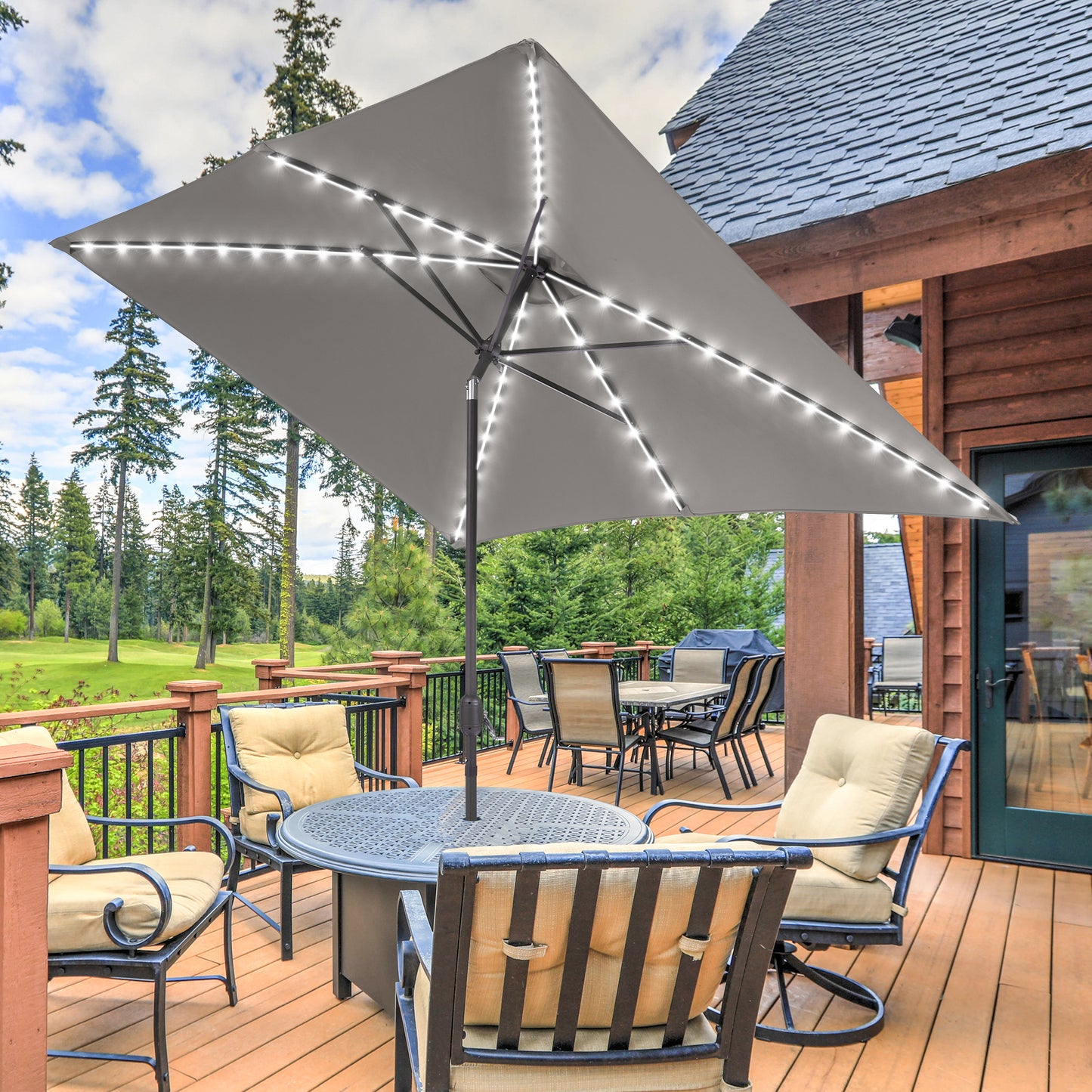 10 x 7 ft Solar-Powered LED Patio Umbrella 10 x 7 ft Solar-Powered LED Patio Umbrella