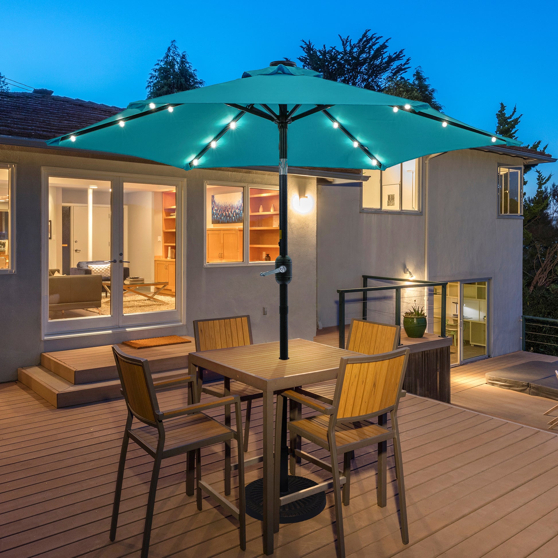 7ft patio umbrella with solar lights MASTERCANOPY 7.5ft Lights, Orange which powers the lights along the umbrella ribs for hours without the need for electricity 7.5 Feet Solar Powered Patio