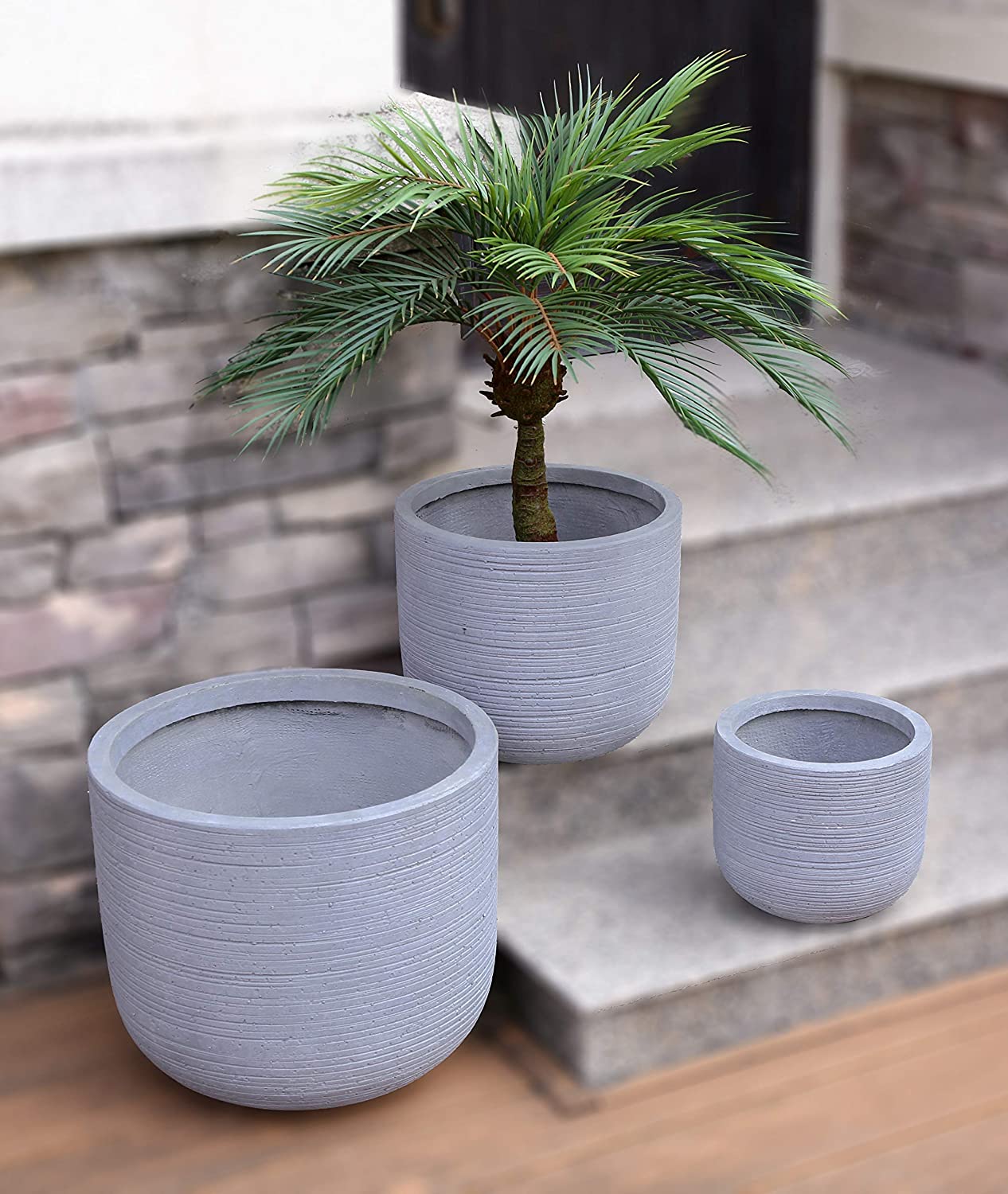 Grey Skyline Round Concrete Planter Pots | Unique Design | Handicraft | UV-Resistant and Eco-Friendly | Drainage Hole with Plug