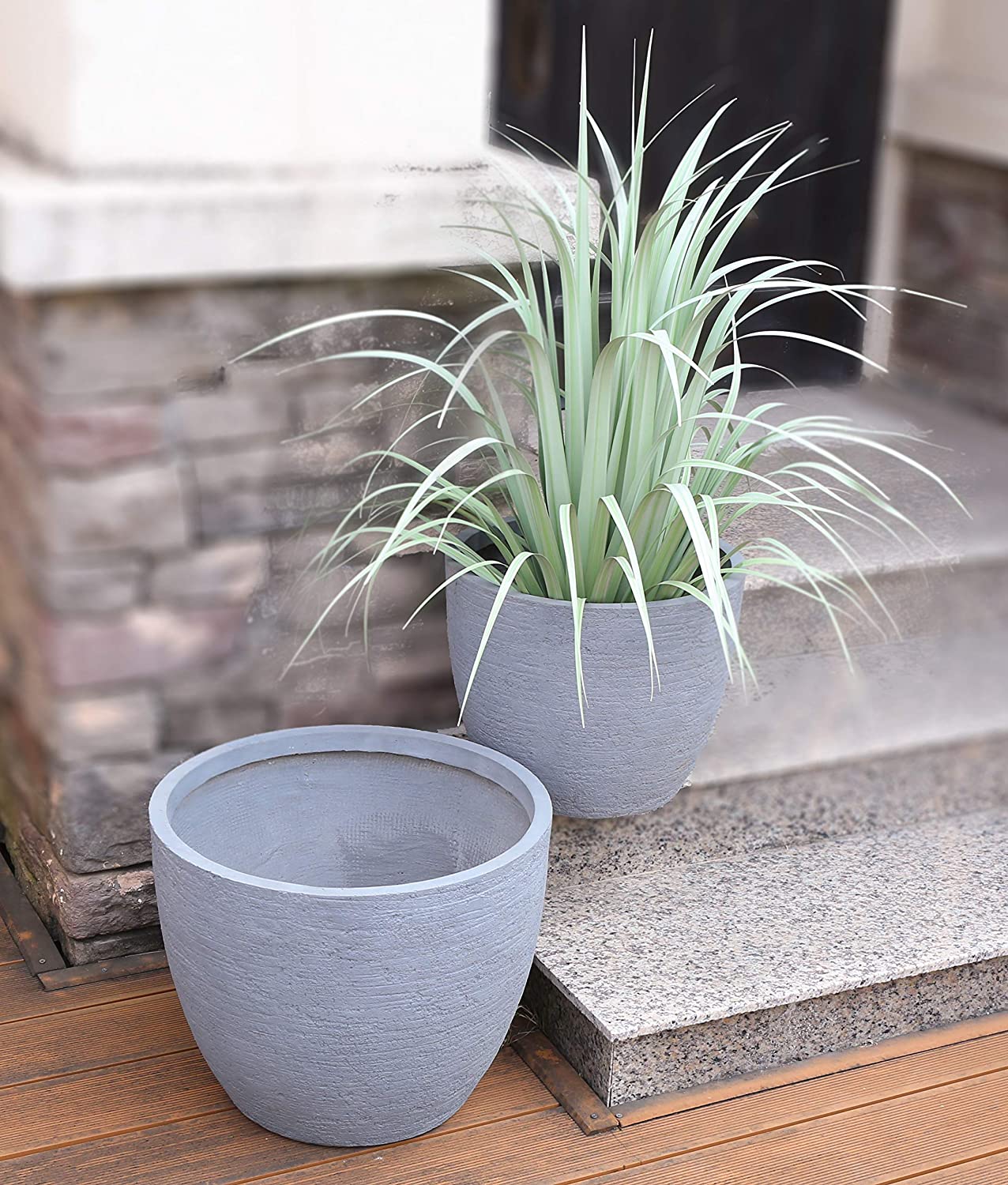 Grey Skyline Lightweight Round Concrete Planter Pots | Unique Design | Handicraft | UV-Resistant and Eco-Friendly | Drainage Hole with Plug