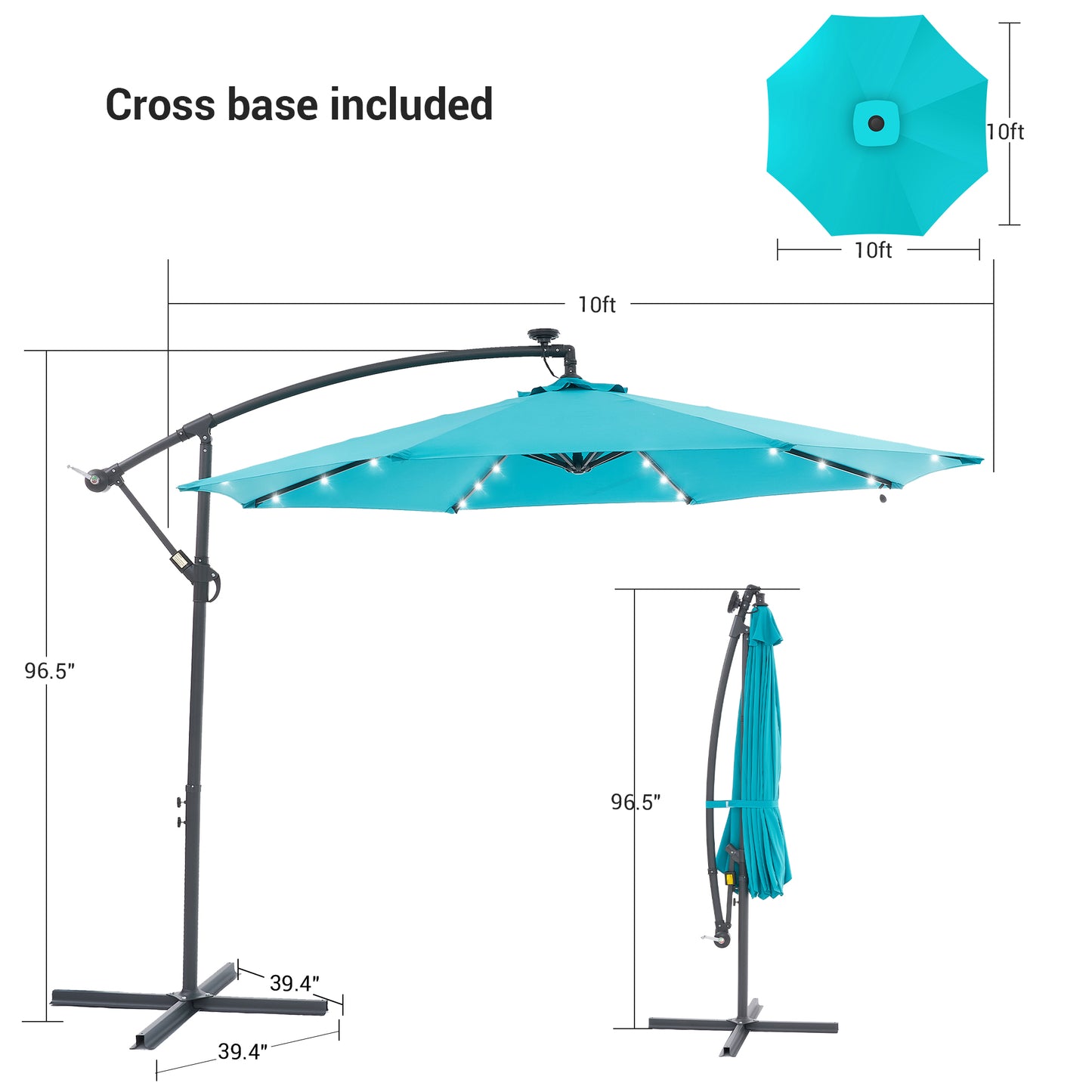 10 FT Solar-Powered LED Lights Patio Banana Umbrella