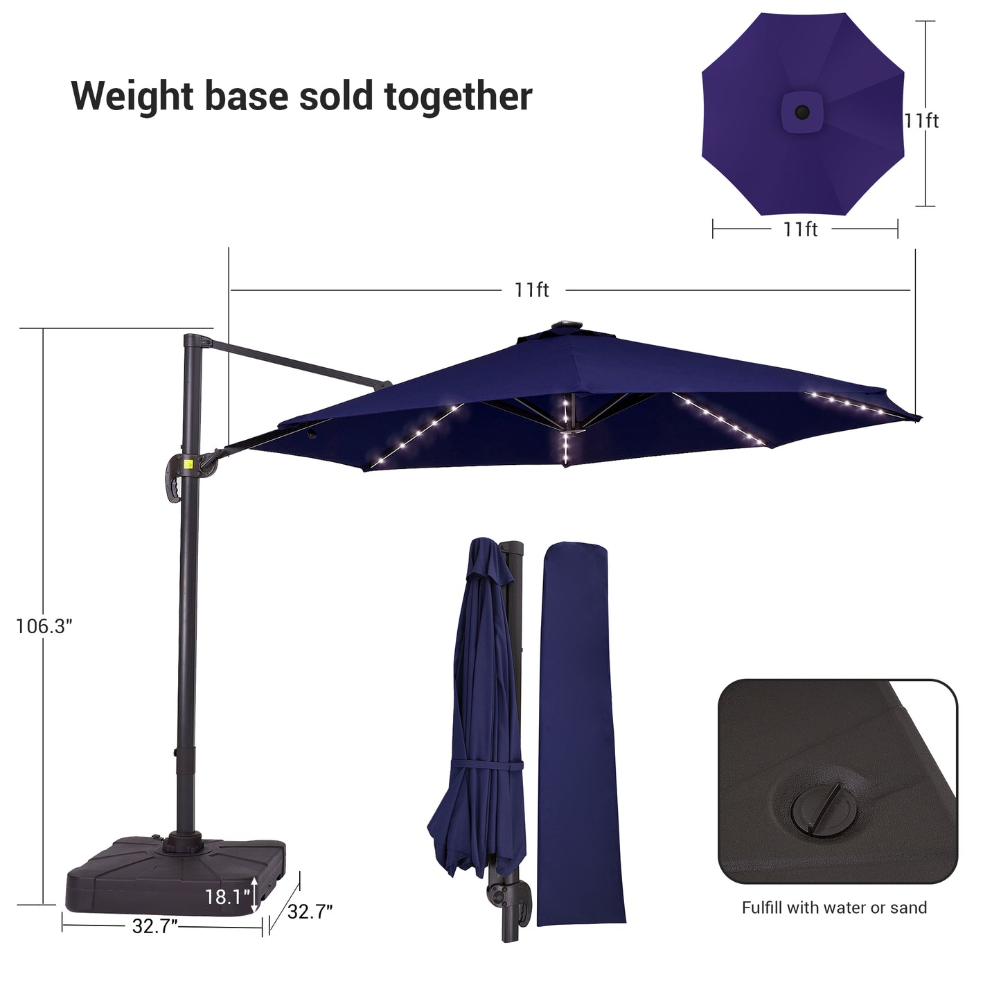 11 FT Solar-Powered LED Lights Patio Cantilever Umbrella