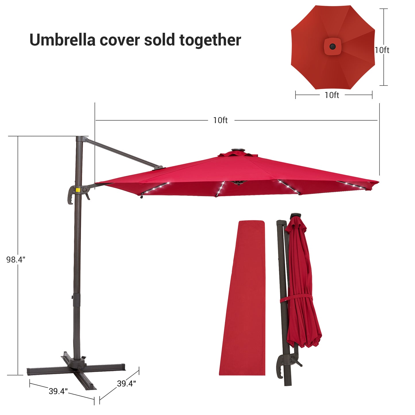 10 FT Solar-Powered LED Lights Patio Cantilever Umbrella