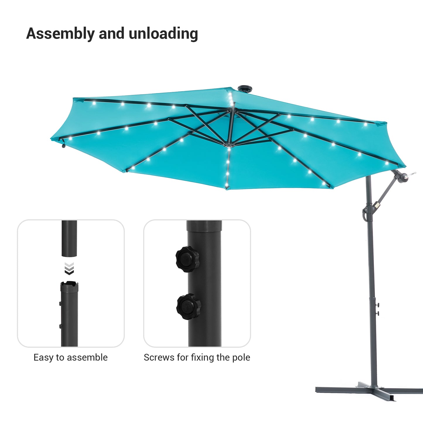 10 FT Solar-Powered LED Lights Patio Banana Umbrella