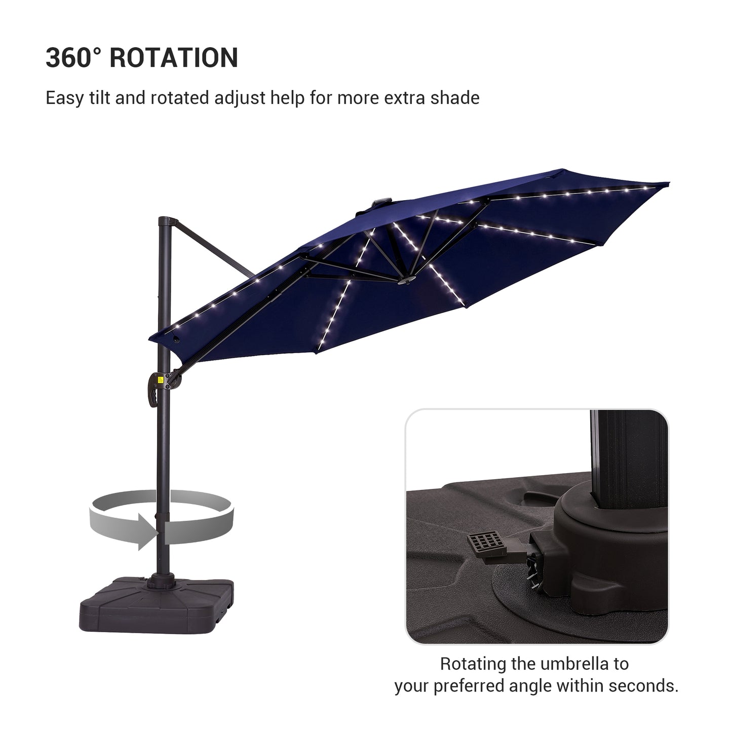 11 FT Solar-Powered LED Lights Patio Cantilever Umbrella