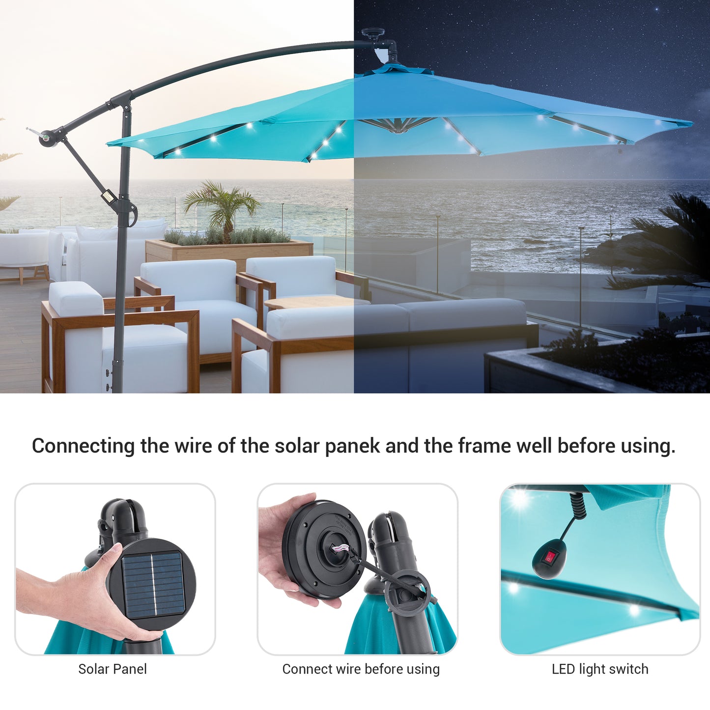 10 FT Solar-Powered LED Lights Patio Banana Umbrella