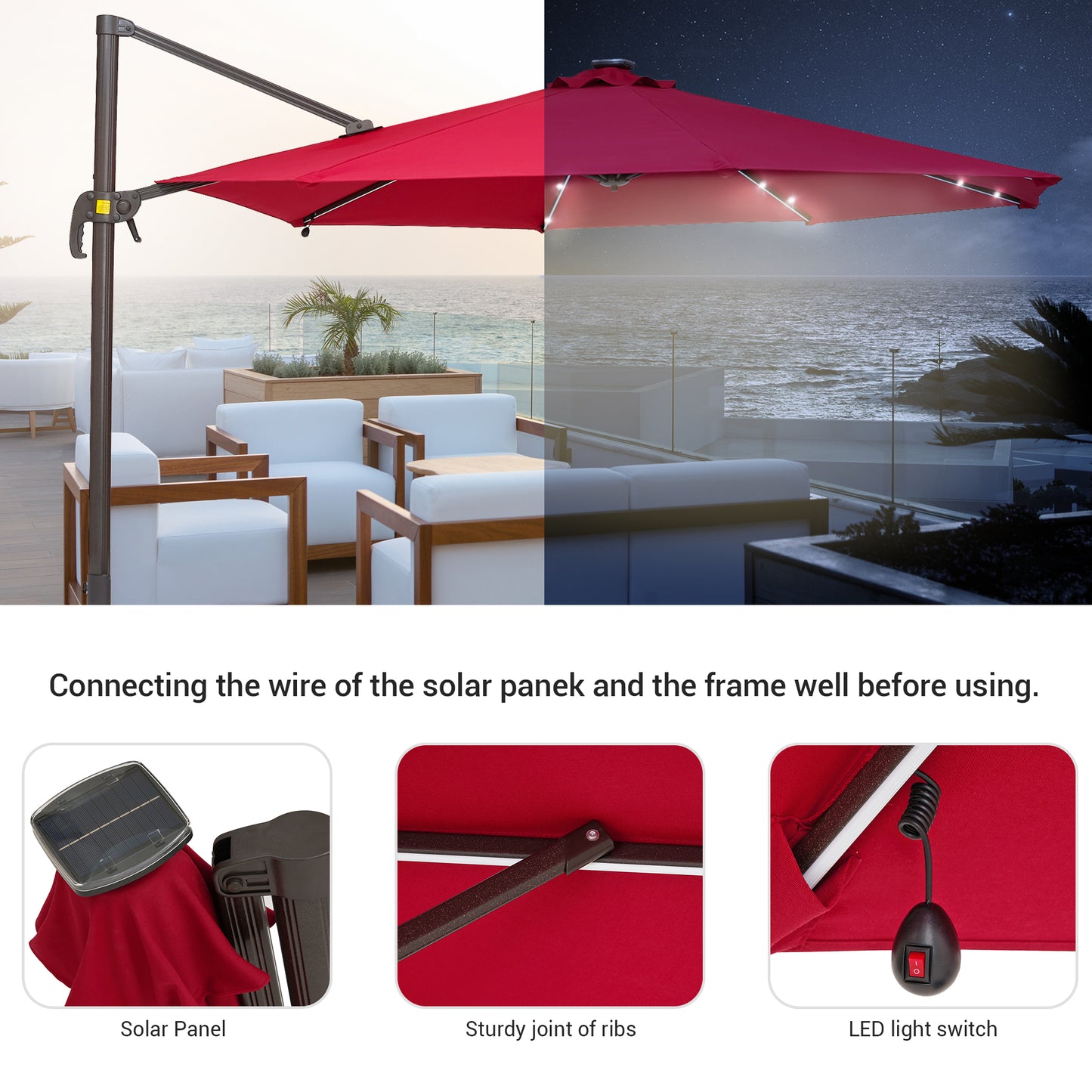 10 FT Solar-Powered LED Lights Patio Cantilever Umbrella