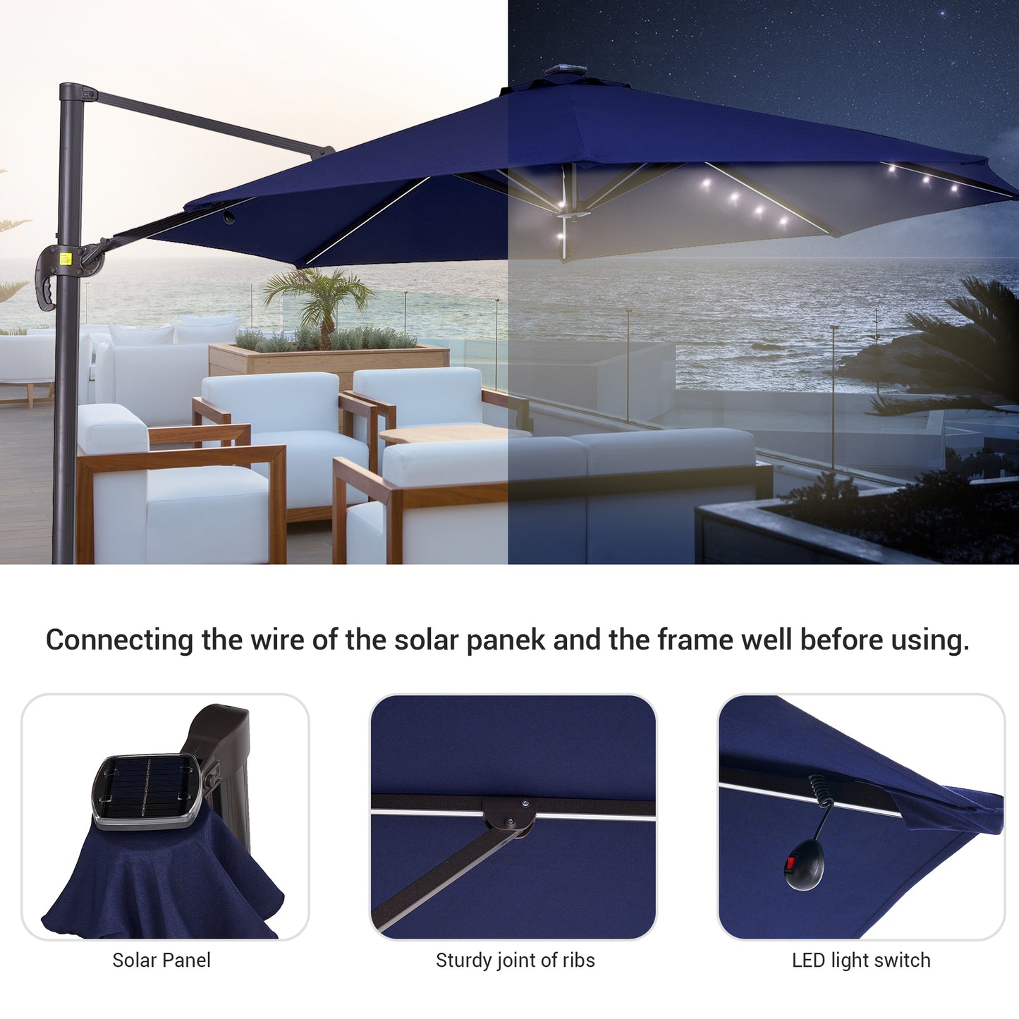 11 FT Solar-Powered LED Lights Patio Cantilever Umbrella