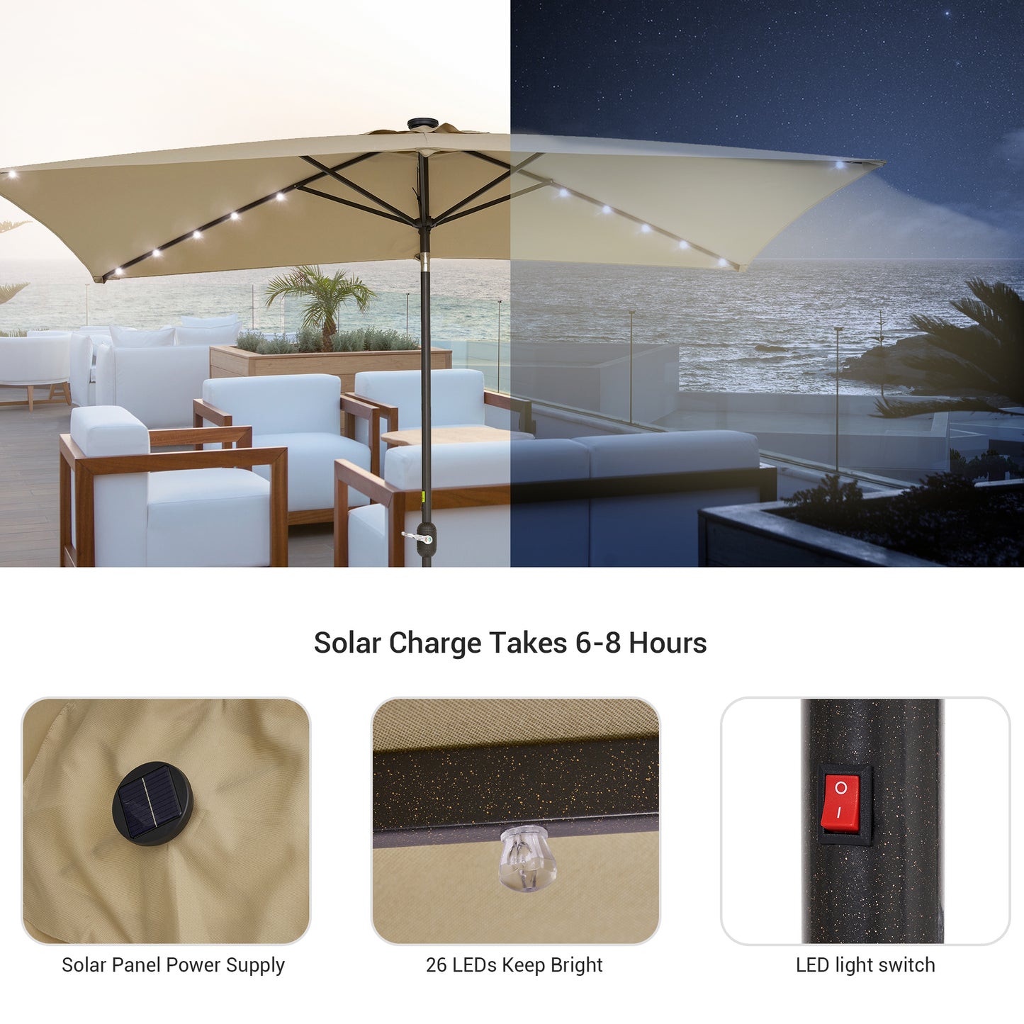 10 x 6.5 ft Solar-Powered LED Lights Patio Umbrella