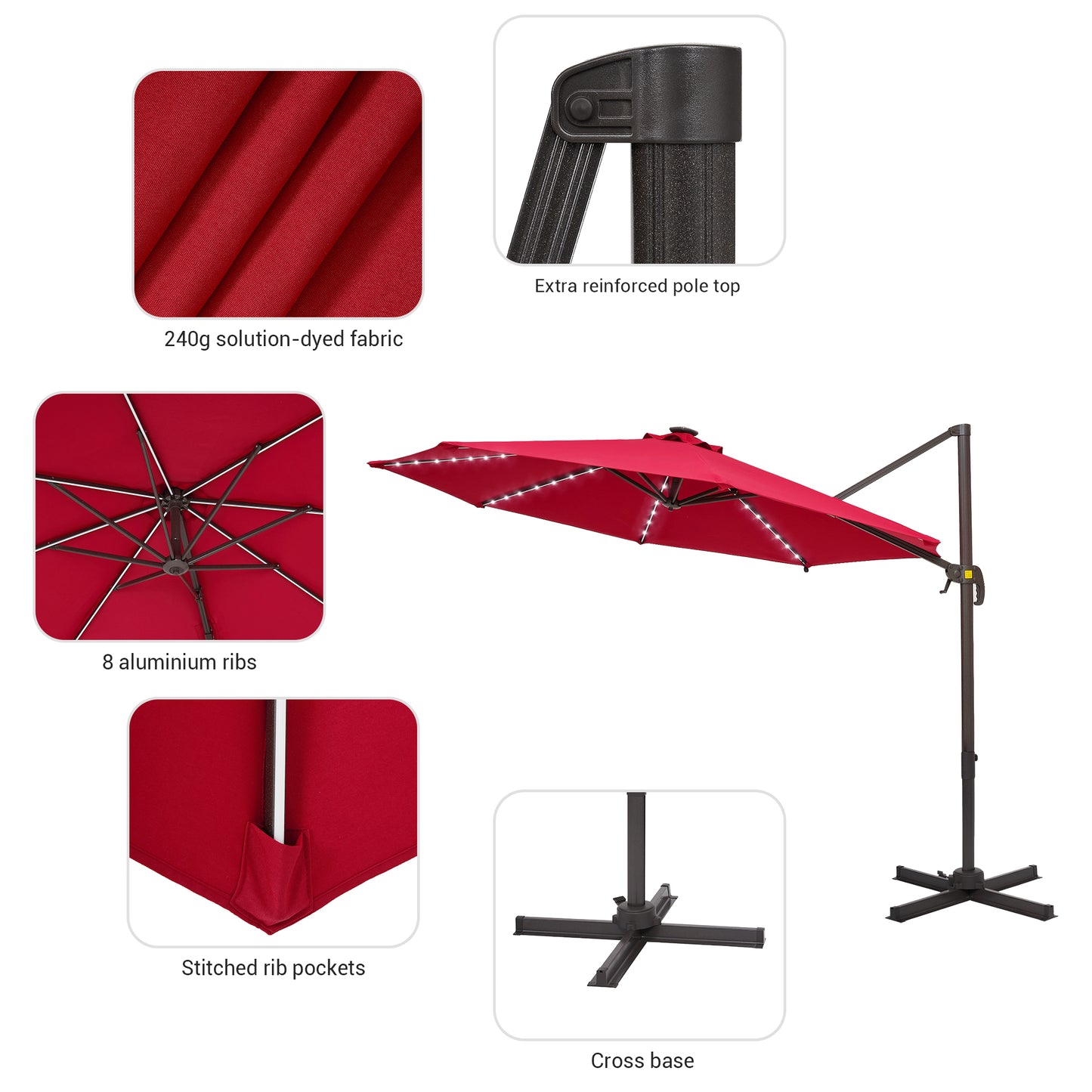 10 FT Solar-Powered LED Lights Patio Cantilever Umbrella