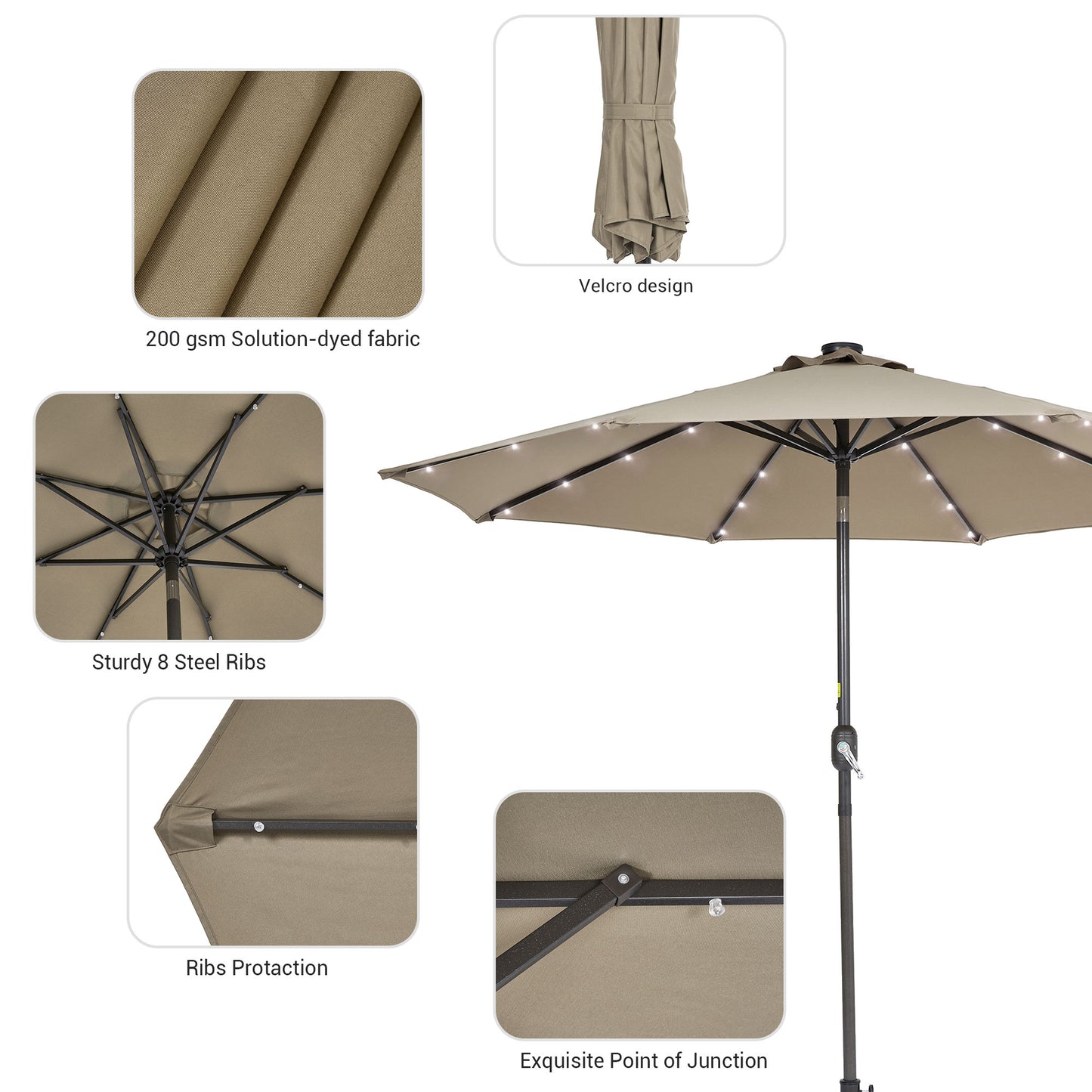 9 ft Solar-Powerd LED Lights Patio Umbrella